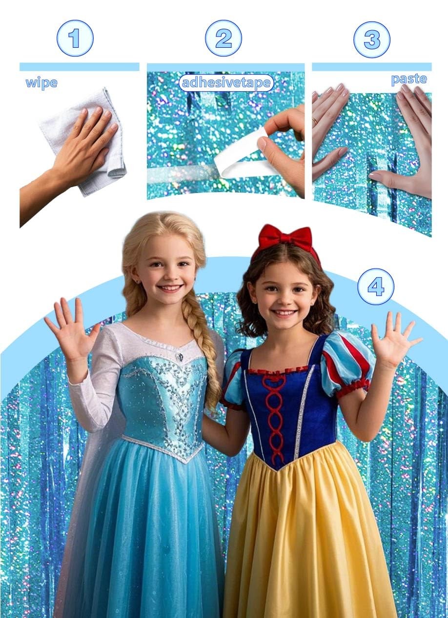 2 PCS Blue Tinsel Foil Fringe Curtain Ocean Princess Photo Booth Party Decor