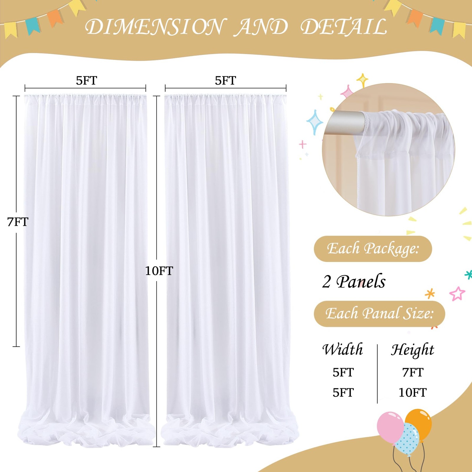 10ft x 7ft White Chiffon Backdrop Curtain Lights String Wrinkle Free Drapes