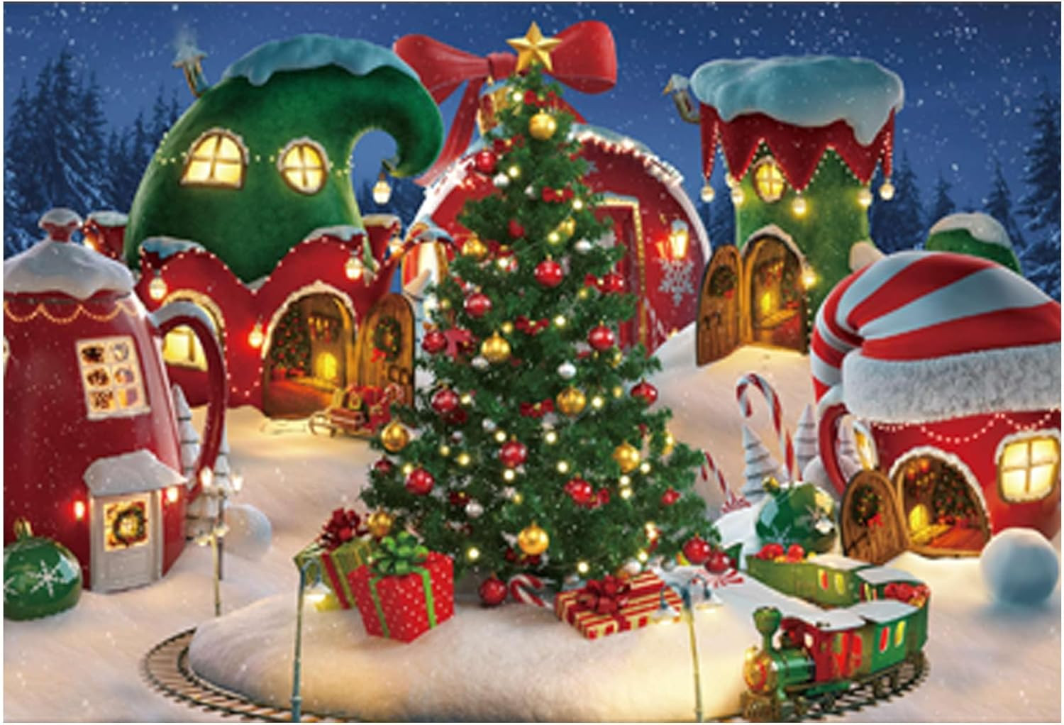 7x5FT Cartoon Christmas Village Photography Backdrop Winter Snow Pine Tree Backg