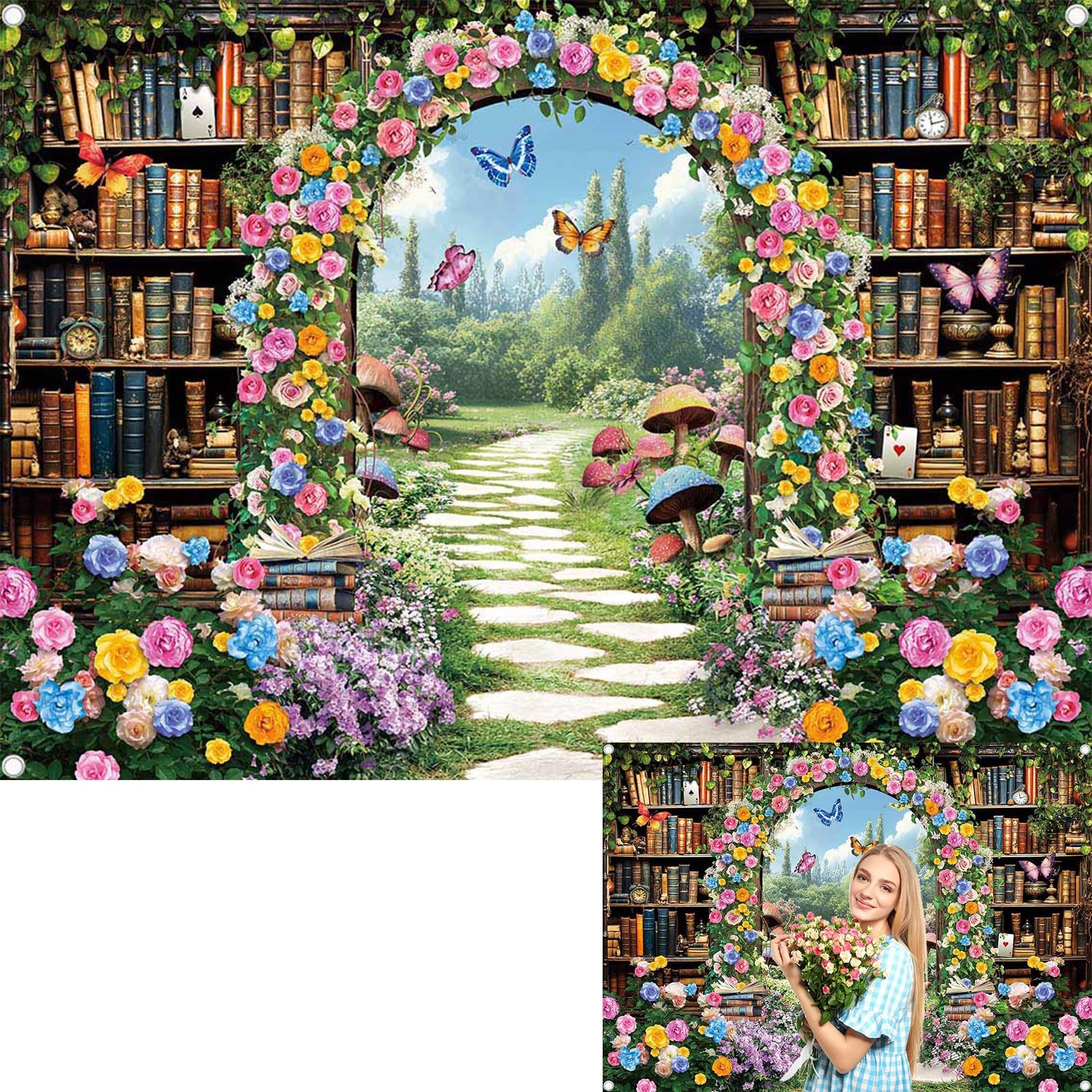 8×6 FT Fairy Garden Library Backdrop Enchanted Forest Bookshelf Decor