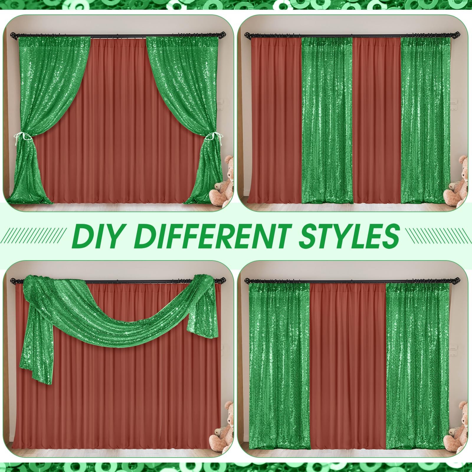 4 Panels Backdrop Curtains 4×10 Ft Sequin 7×10 Ft Chiffon Photo Brown Green