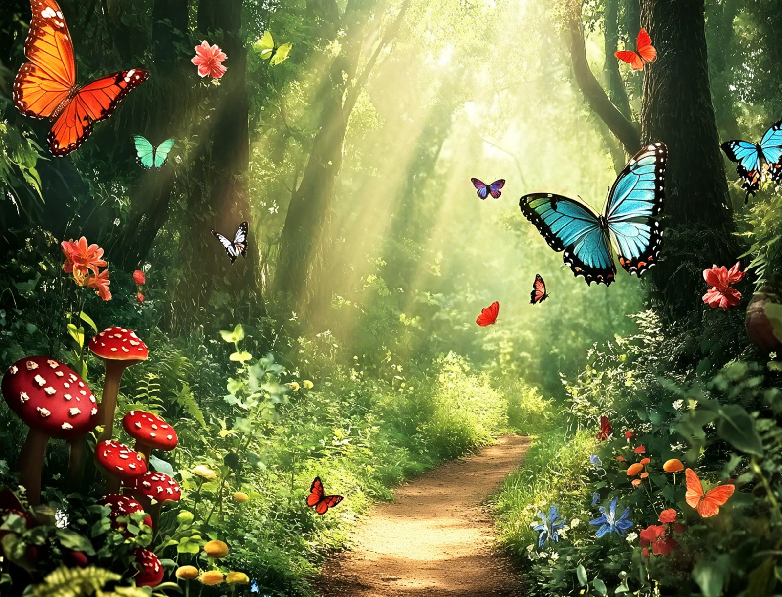 10x8ft Butterfly Red Mushroom Enchanted Forest Vinyl Backdrop Photo Background