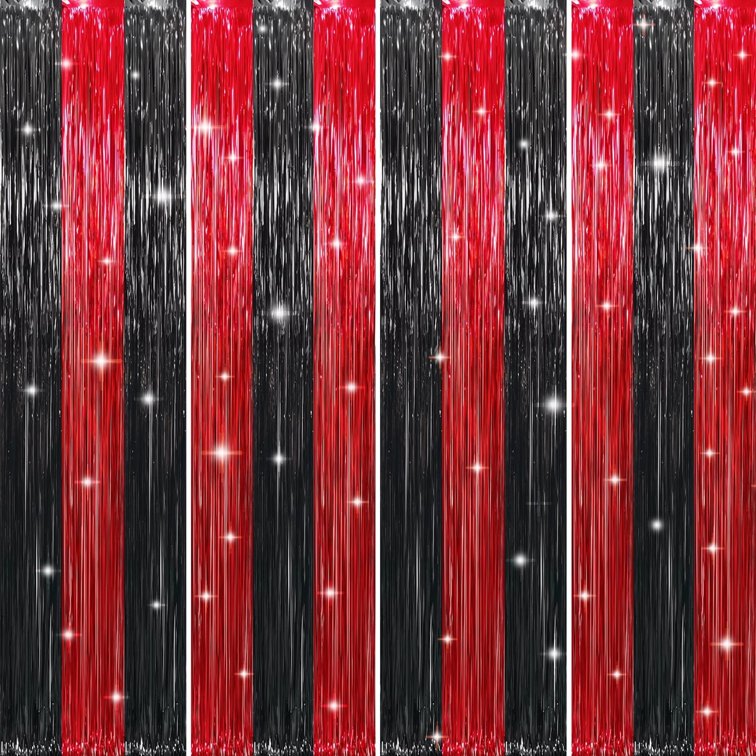 4 PCS 3.2×8.2 Ft Black Red Metallic Tinsel Foil Fringe Curtains Backdrop