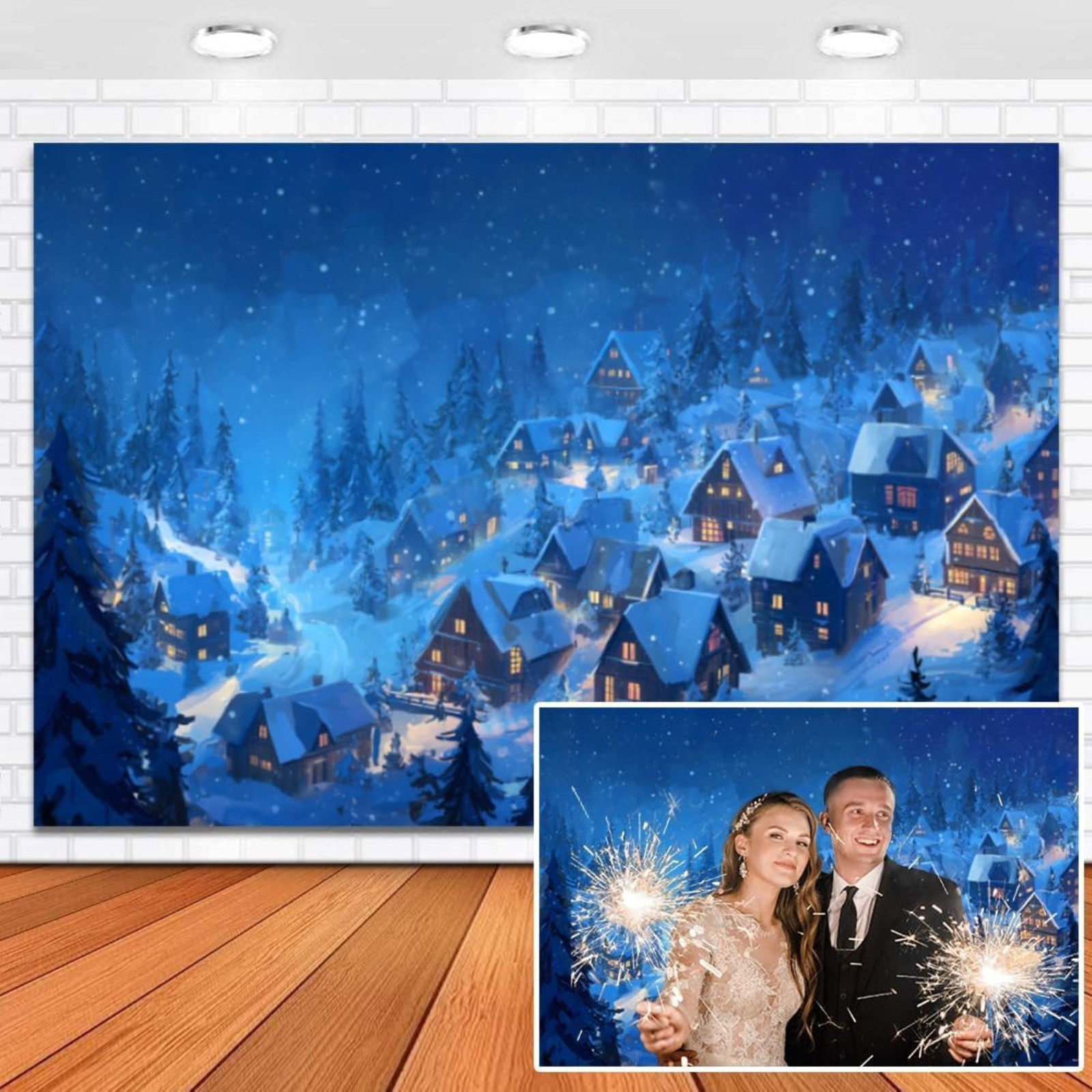 Christmas Village Backdrop 20x10ft Rustic Night View Forest Trees Snowing Lights