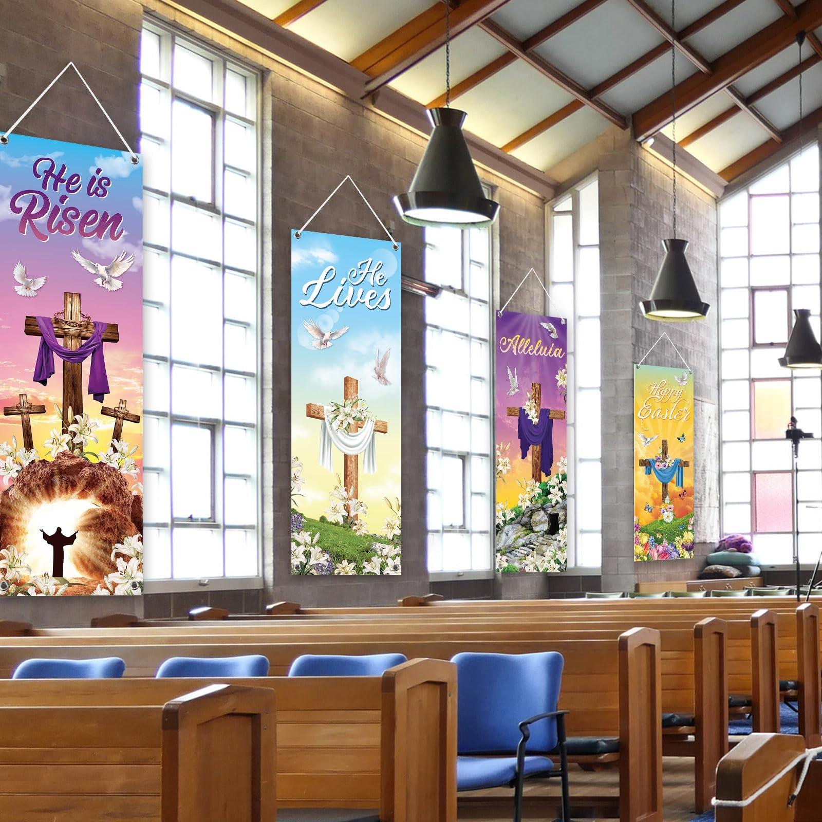 4 Pcs Easter Church Banners with Scripture Religious Worship Banner Christian…
