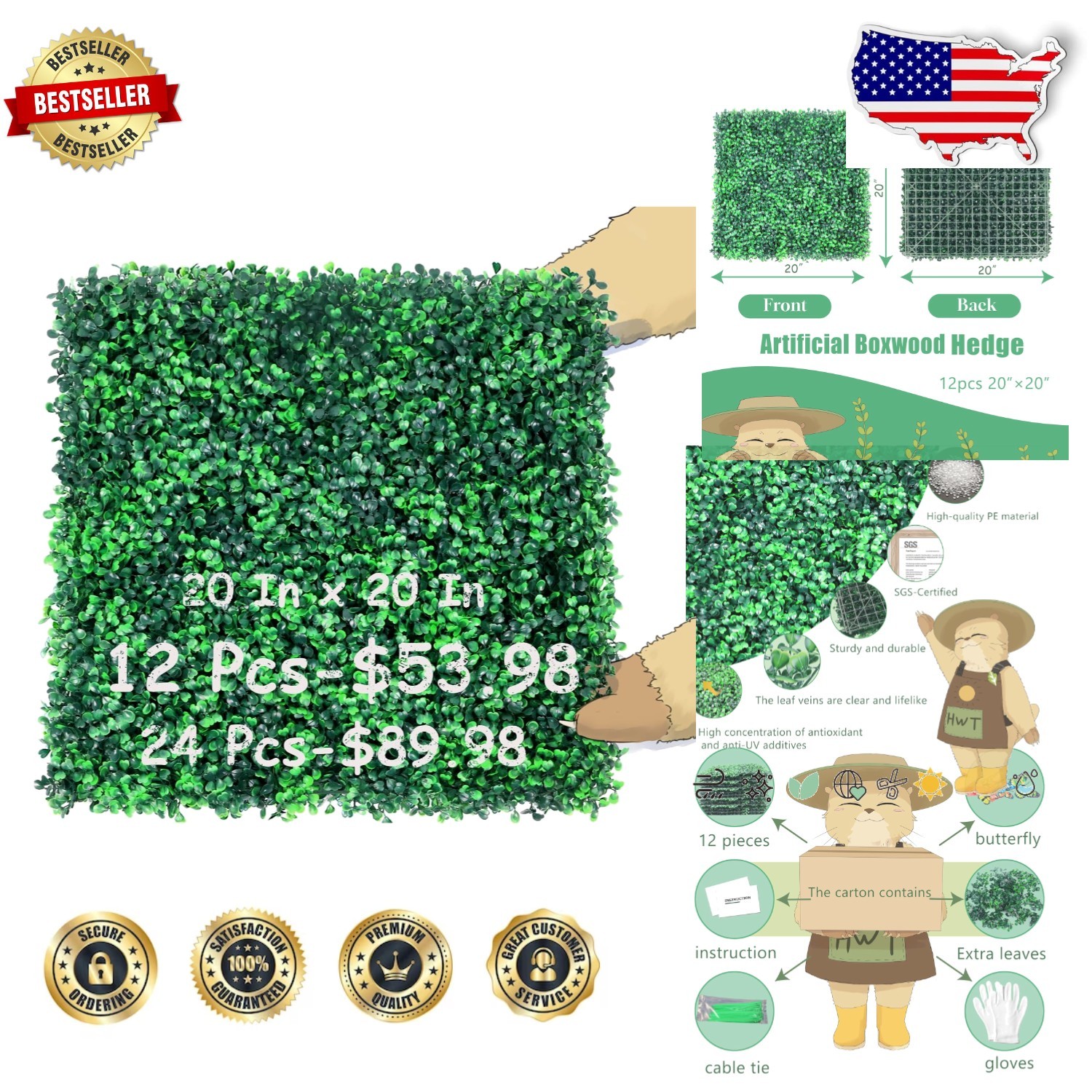 Durable 20″ Boxwood Panels – 12 Pcs Eco-Friendly UV Protected Grass Wall