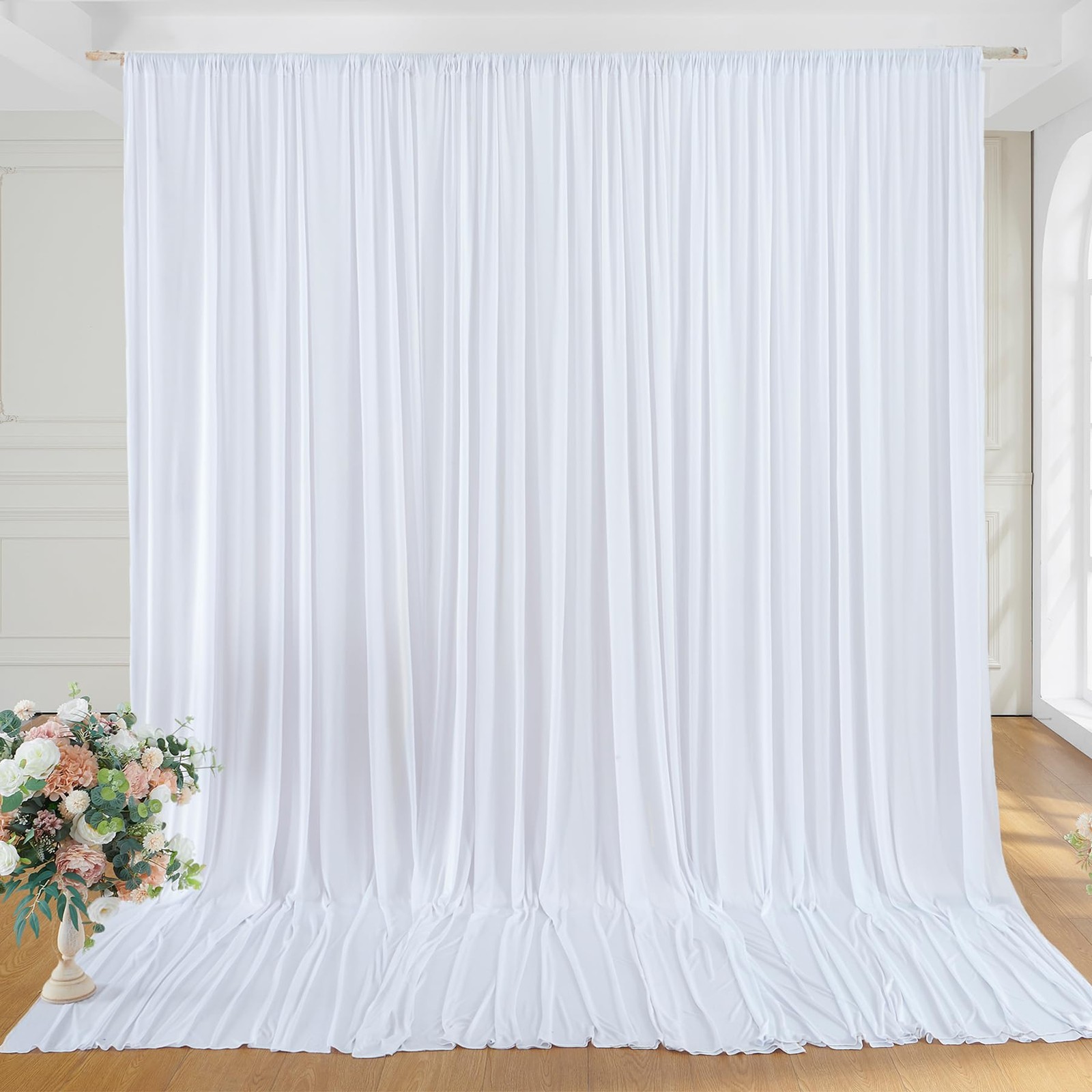10×10 ft Wrinkle Free White Backdrop Curtains for Parties, Polyester Photo Ba…