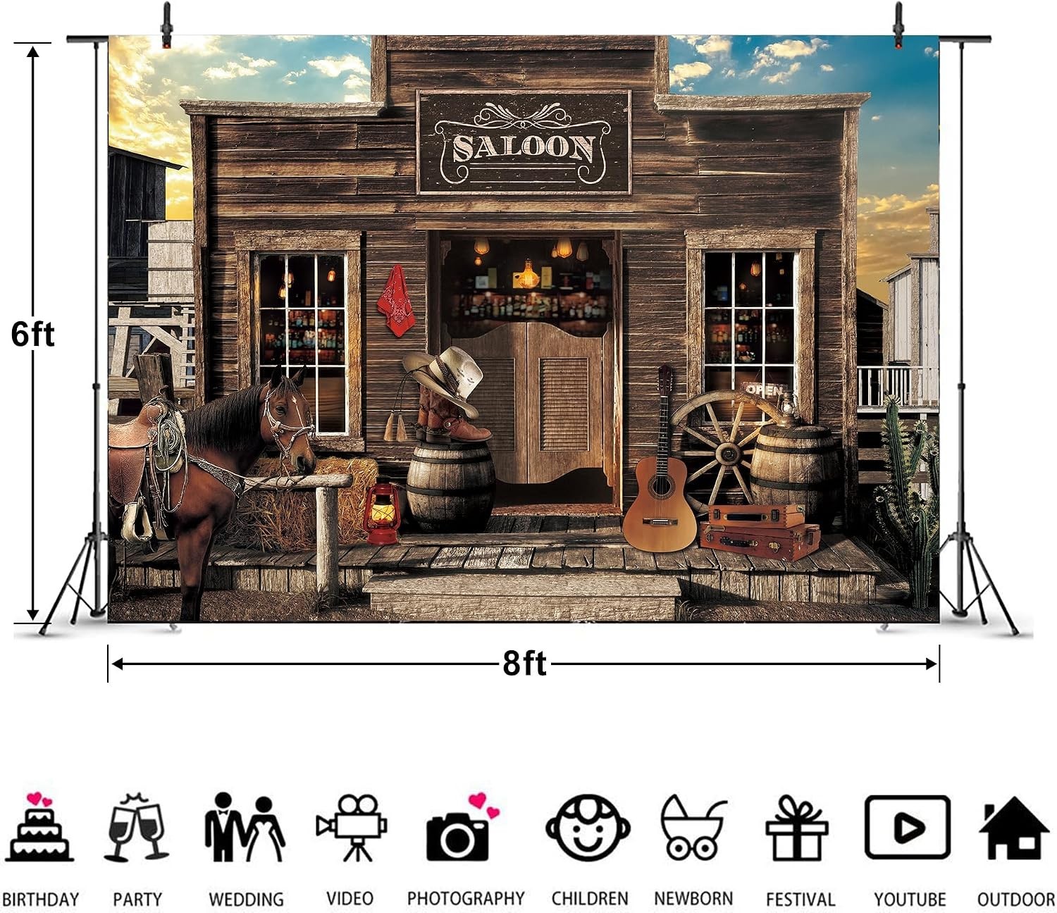 Western Cowboy Backdrop 8Wx6H Feet Vintage Retro Country Bar Saloon Farmhouse…