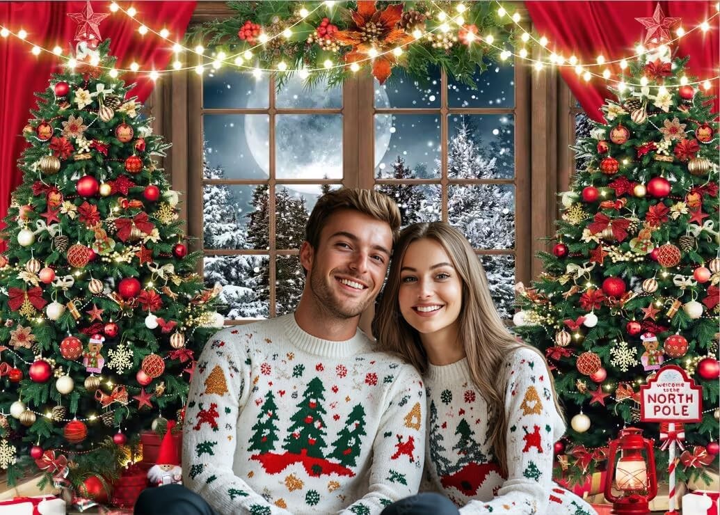 7x5FT Christmas Backdrop Red Xmas Tree Snow Holiday Party Banner