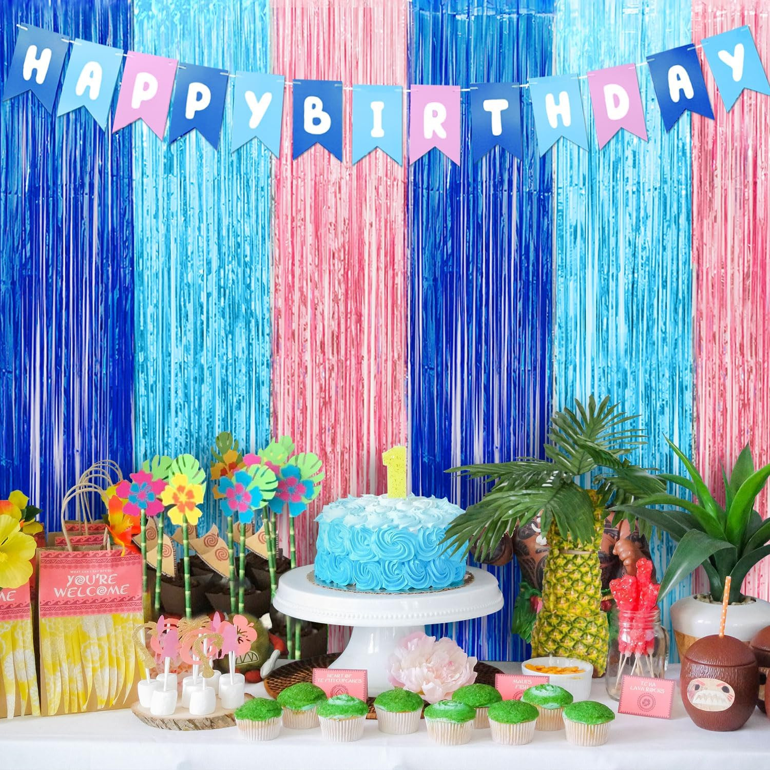 Cartoon Birthday Decorations, 2 Pack Luau Party Photo Booth Props, Blue Pink Fri