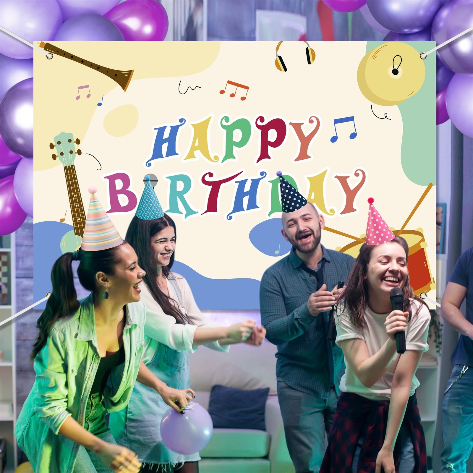Music Note Happy Birthday Banner Backdrop Various Cartoon Musical Instruments…