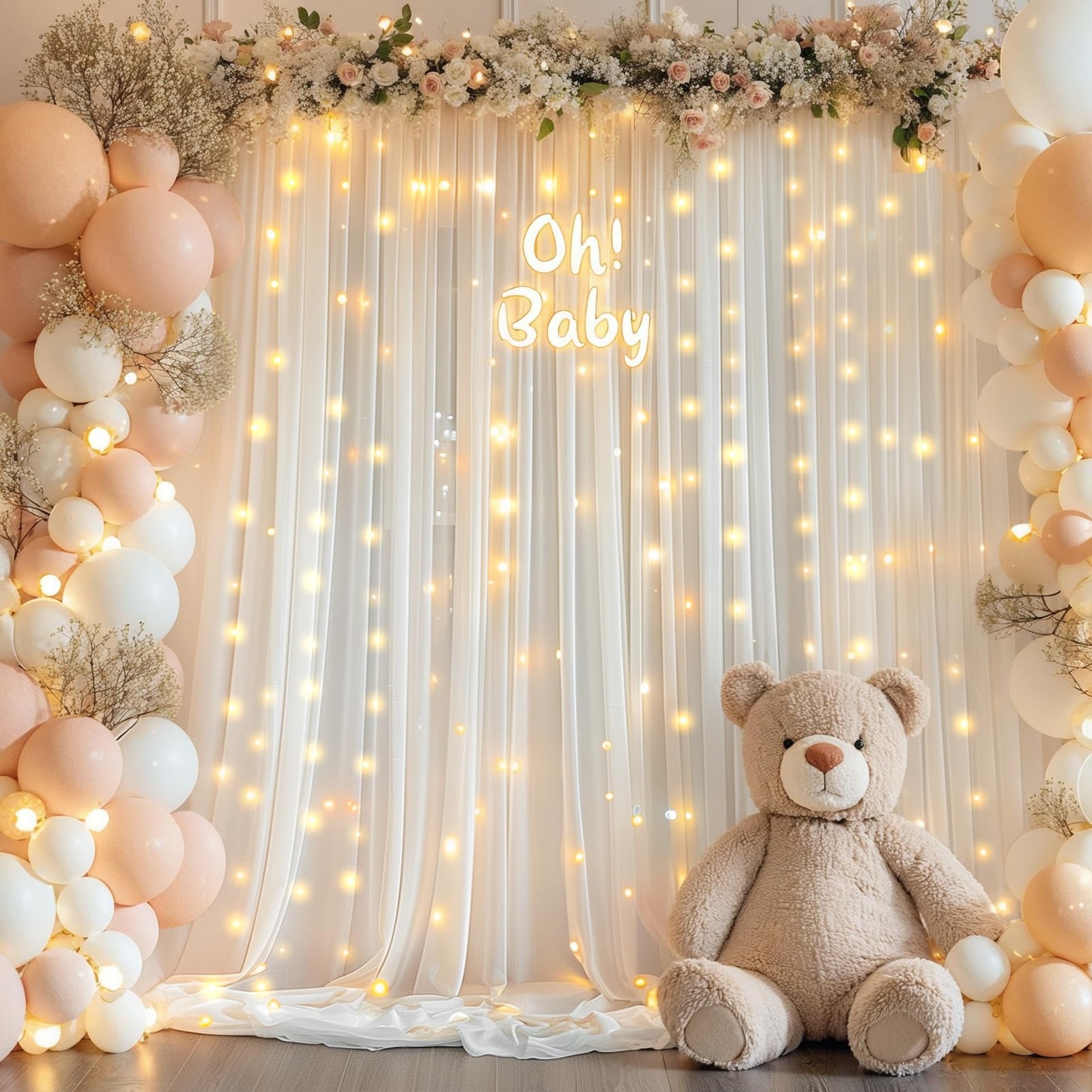 10x7FT Cream White Chiffon Wrinkle Free Backdrop Curtain String Lights Wedding