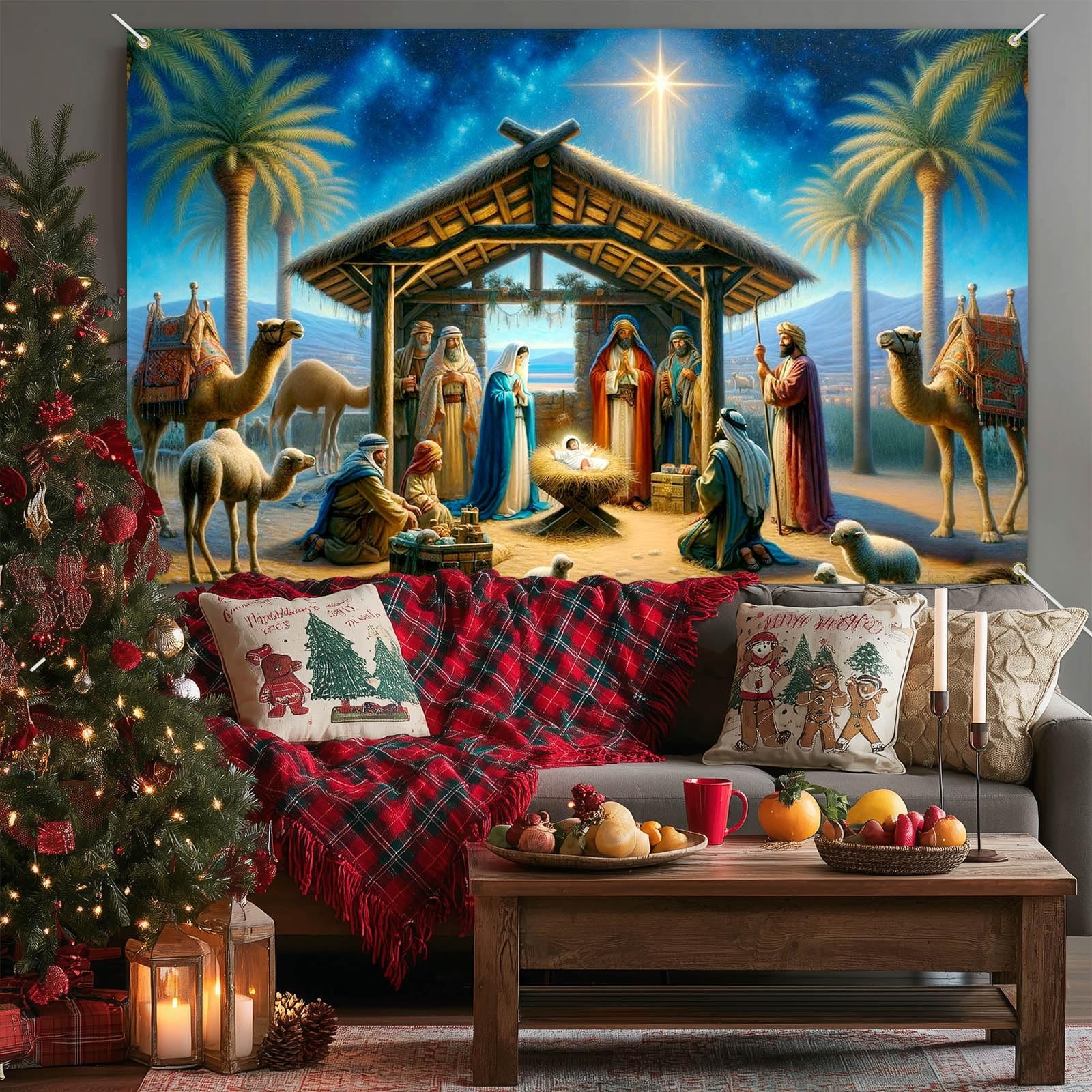 Nativity Scene Christmas Banner 71×43 Inch Holy Night Jesus Birth Backdrop wi…