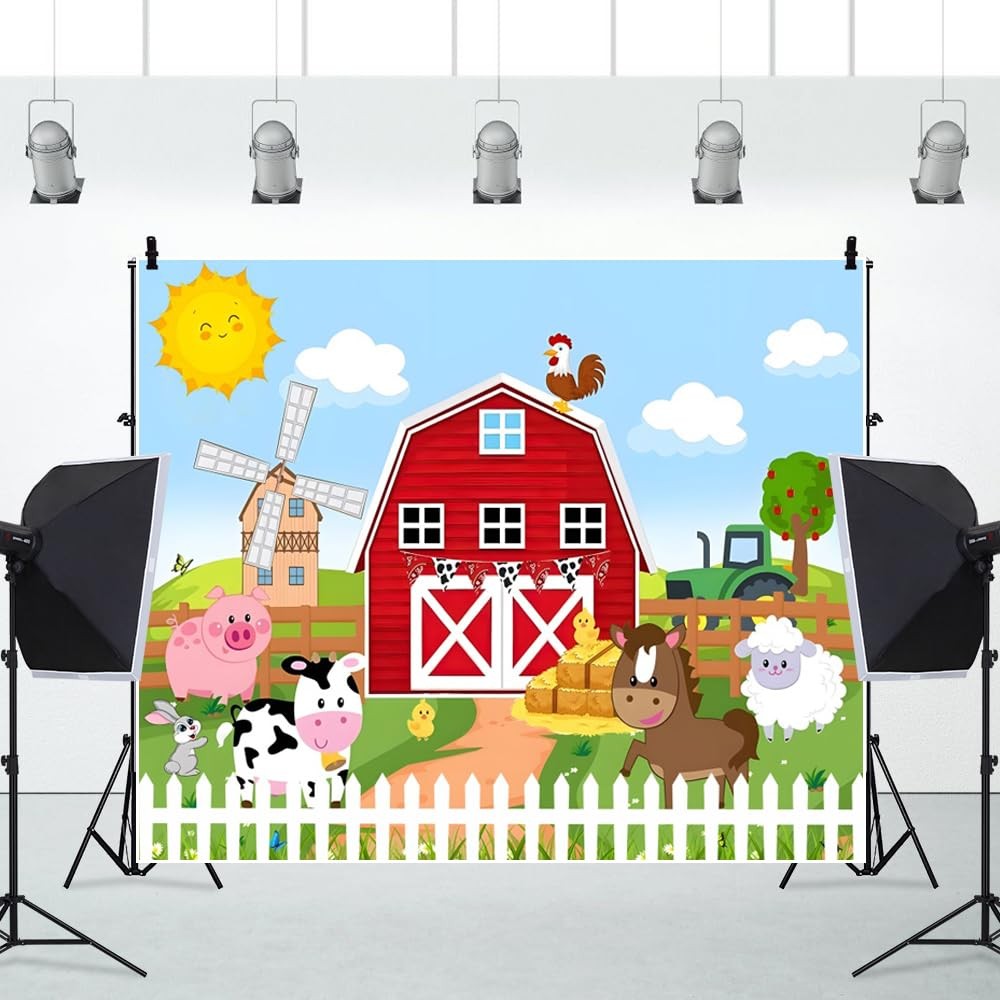 7x5ft Rustic Cartoon Farm Barn Decorations Backdrop Red Wood House Animals Ha…