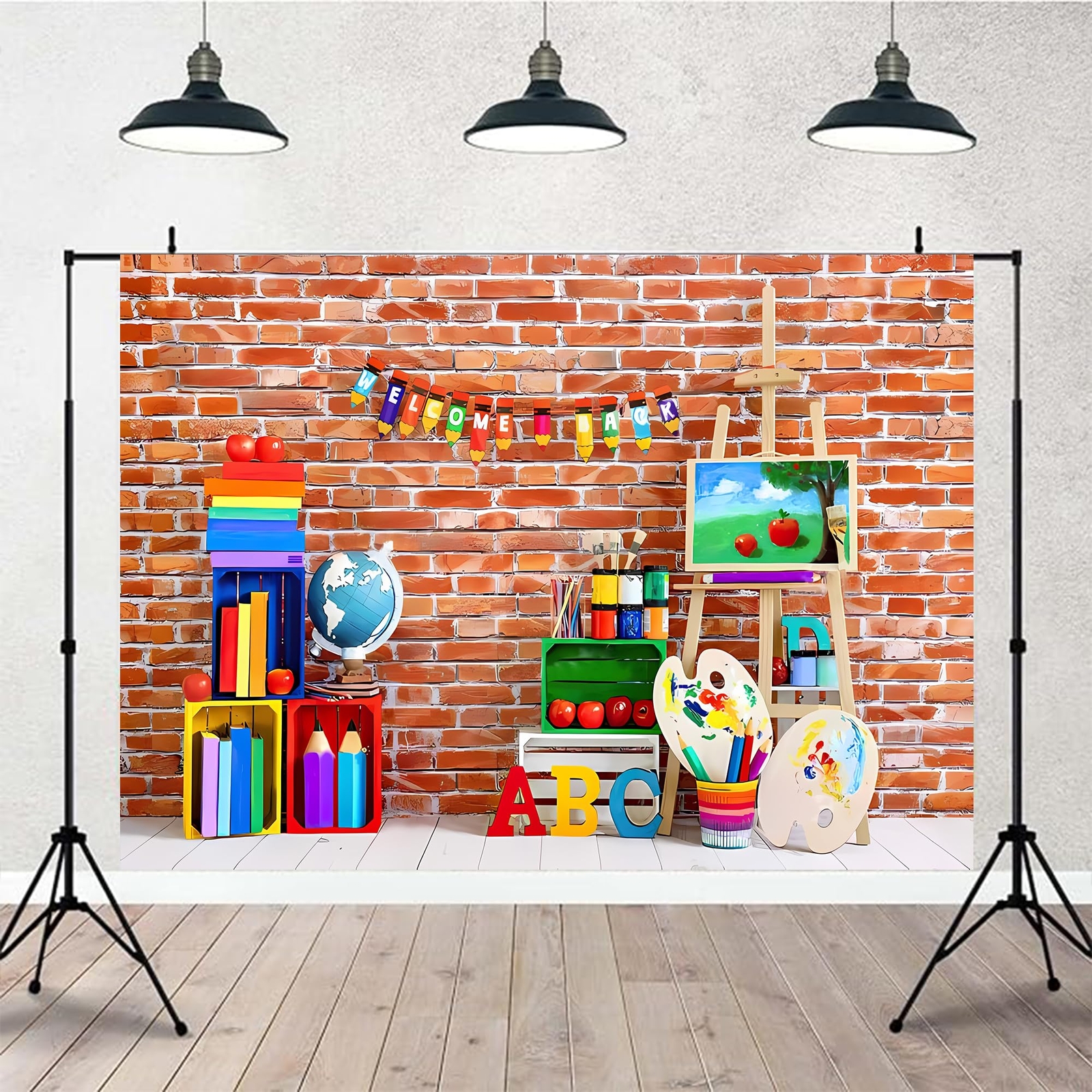 7×5 ft Photography Background Welcome Back to School Brick Wall ABC Kids