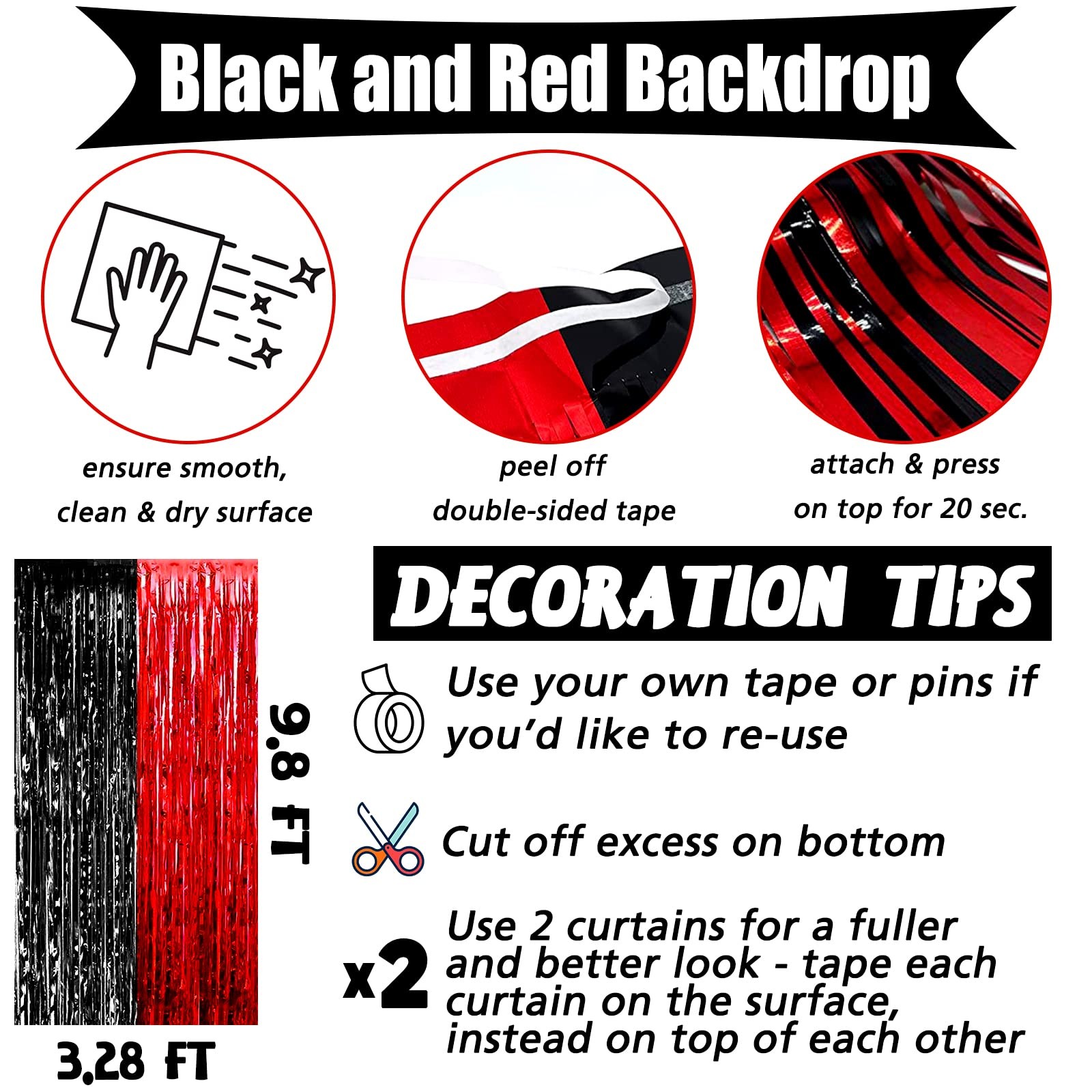 4 Pack 3.2Ft x 9.8Ft Black Red Fringe Curtain Backdrop, Metallic Tinsel Foil …