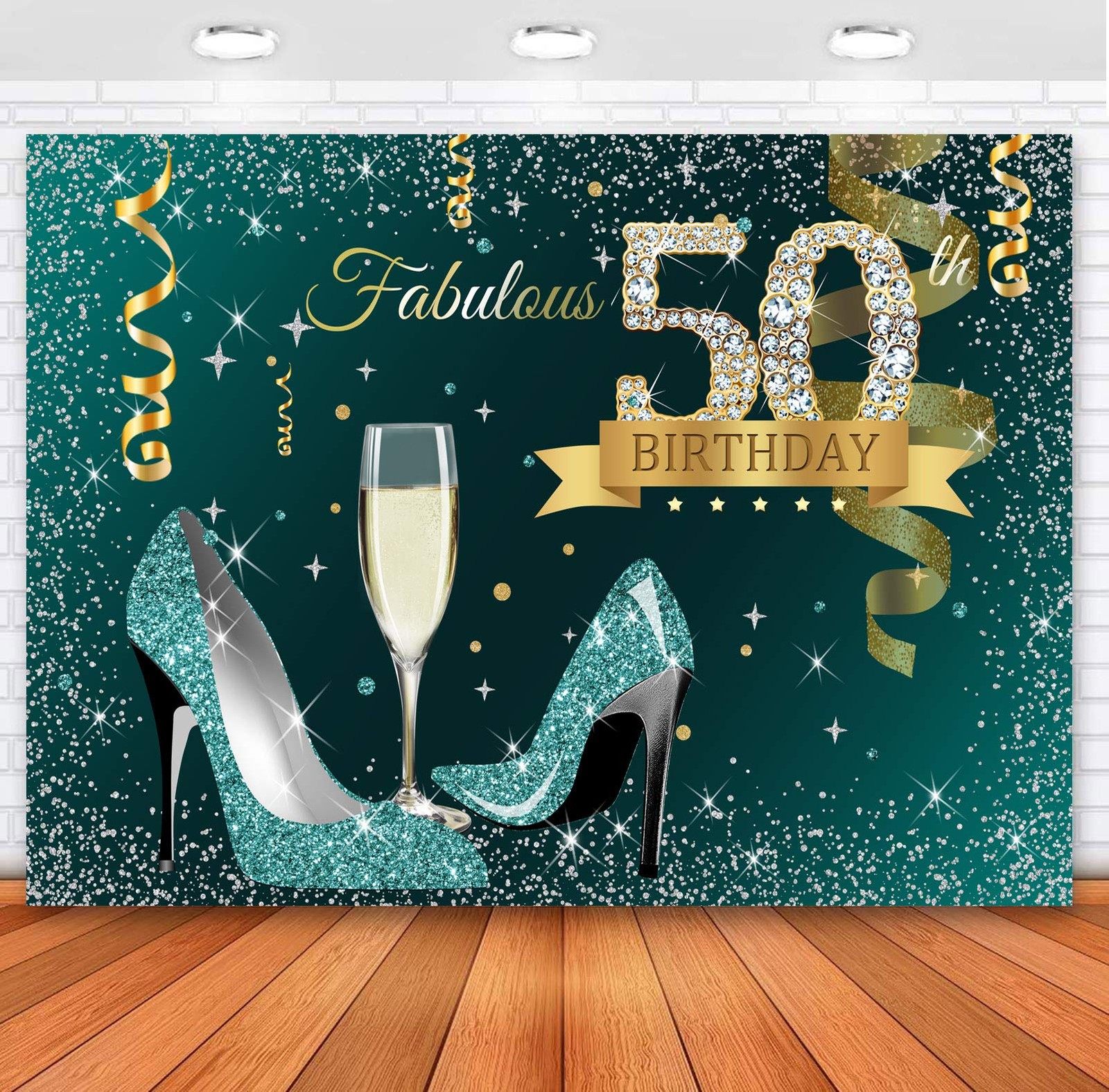 Sensfun Teal Gold Happy 50th Birthday Backdrop Glitter Silver 7x5ft, xq0769