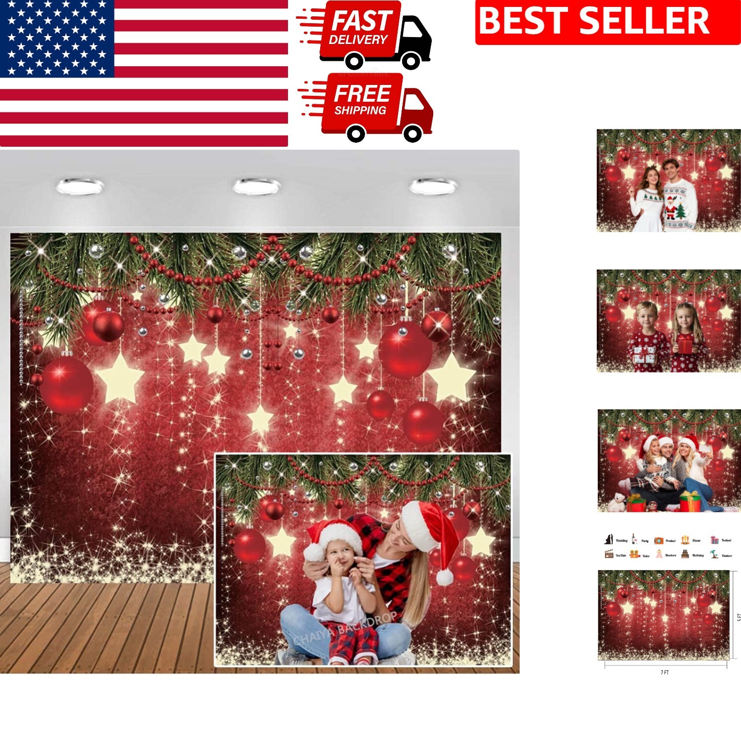 Festive 7x5ft Red Ball Christmas Backdrop for Holiday Parties