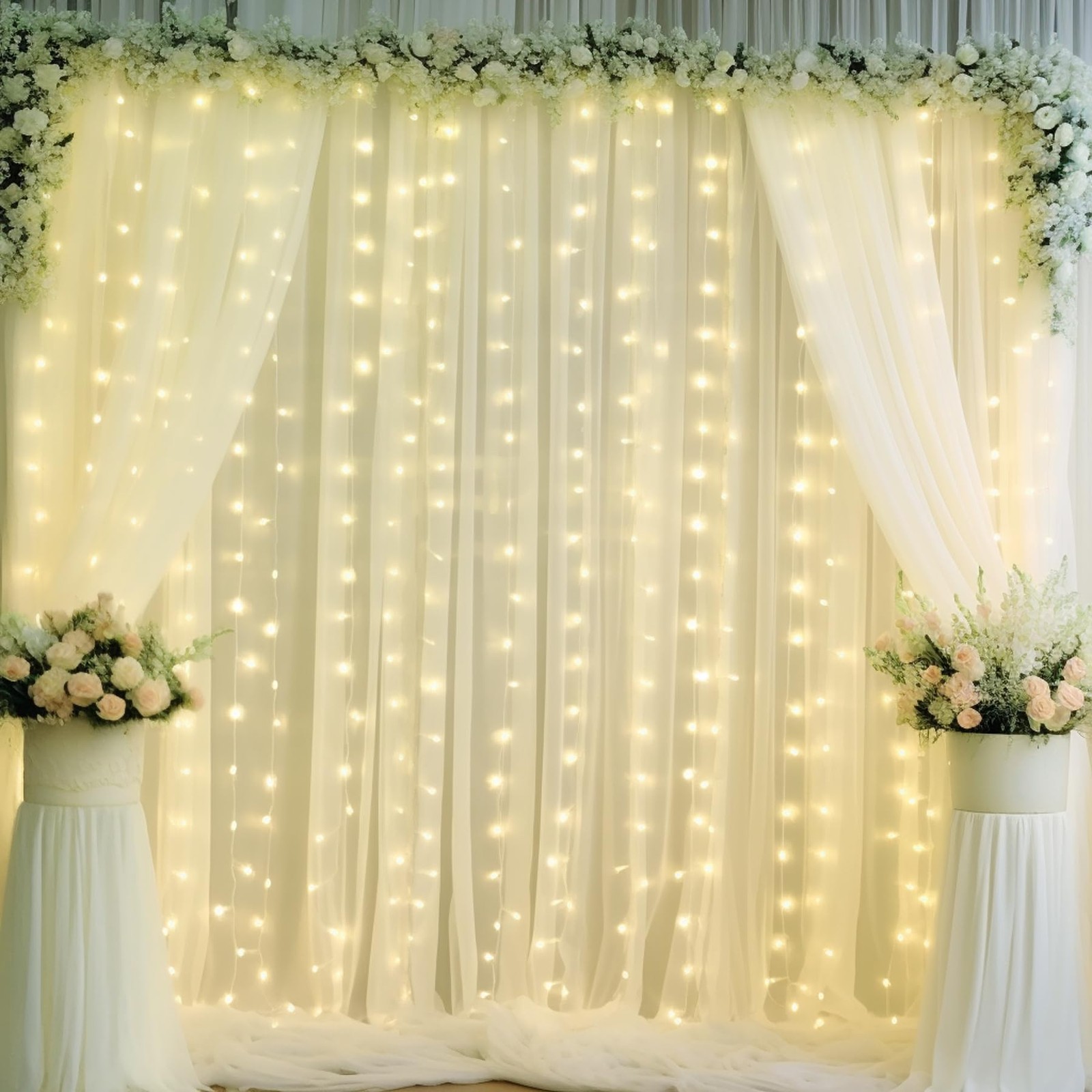 10x10ft Beige Chiffon Backdrop Curtain Lights Wedding Baby Shower Set