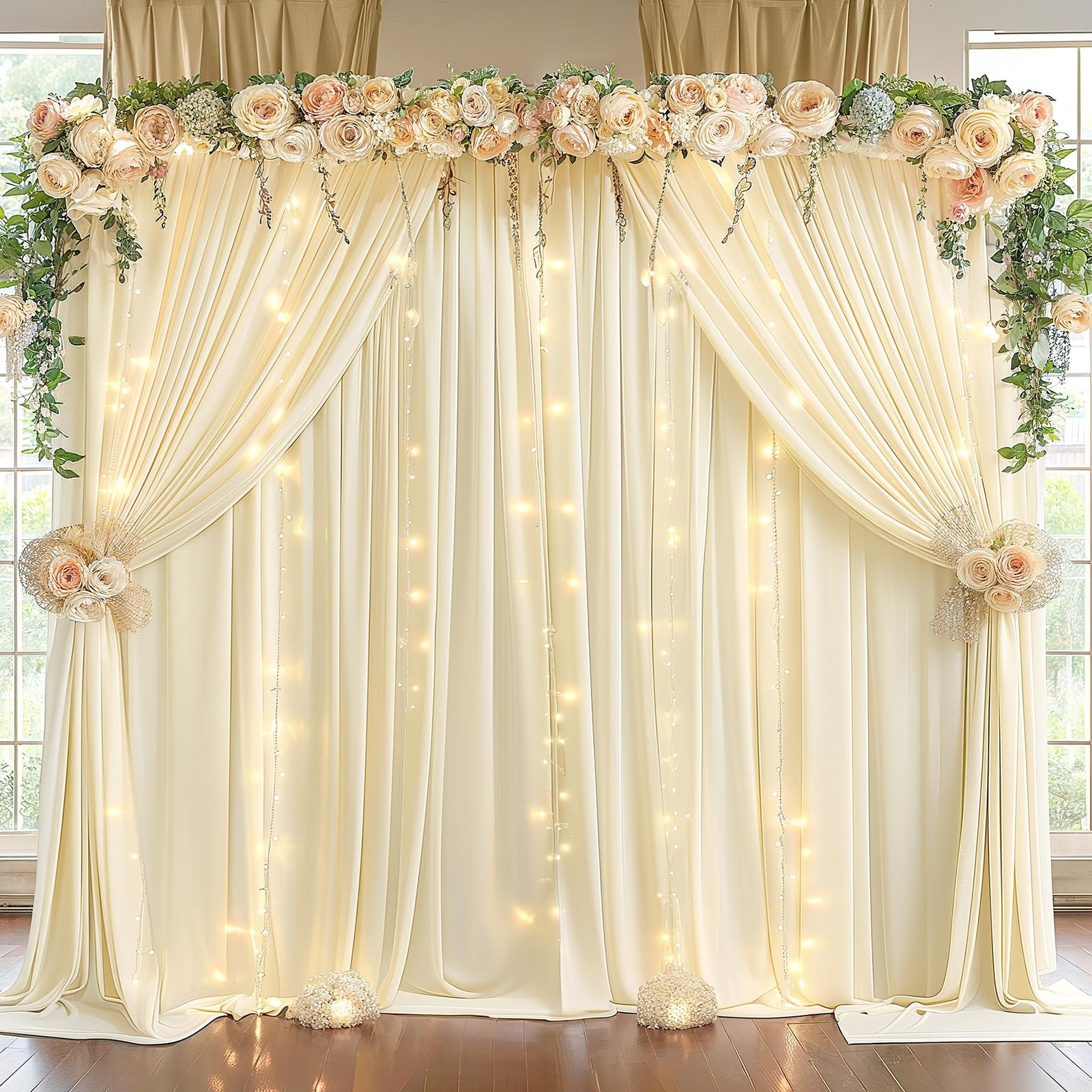 2 Panels Ivory Backdrop Curtains, 10x10ft, String Lights, Wrinkle Free Drapes