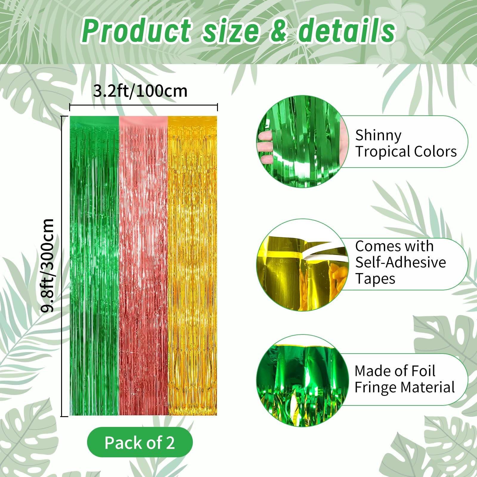 2 Pack 3.2ft x 9.8ft Green Rose Gold Yellow Metallic Foil Fringe Curtain
