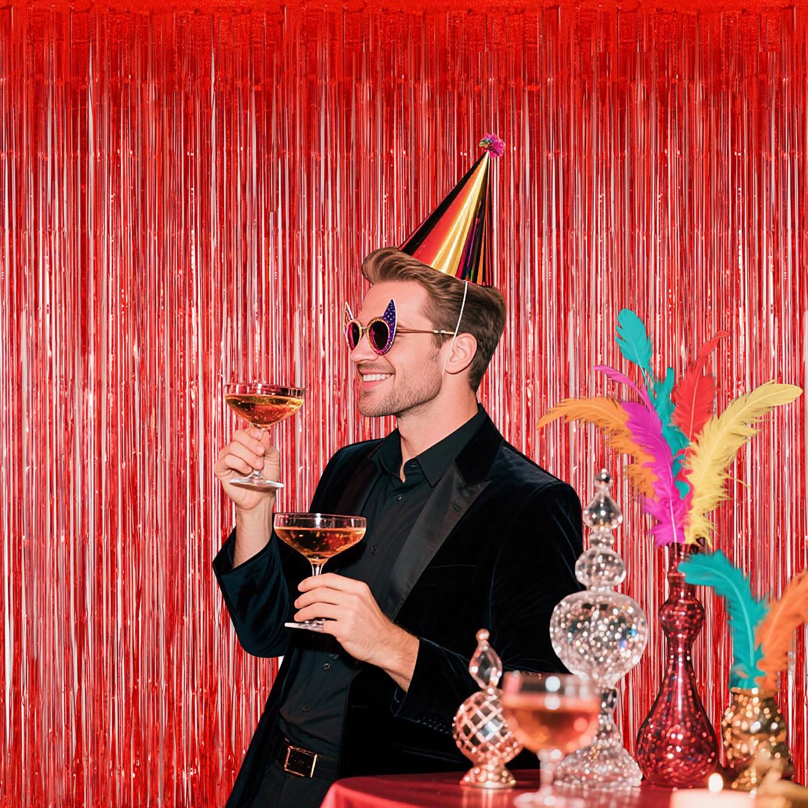 Red Foil Curtains 3.28×6.56 Ft Shiny Metallic Tinsel Backdrop Fringe