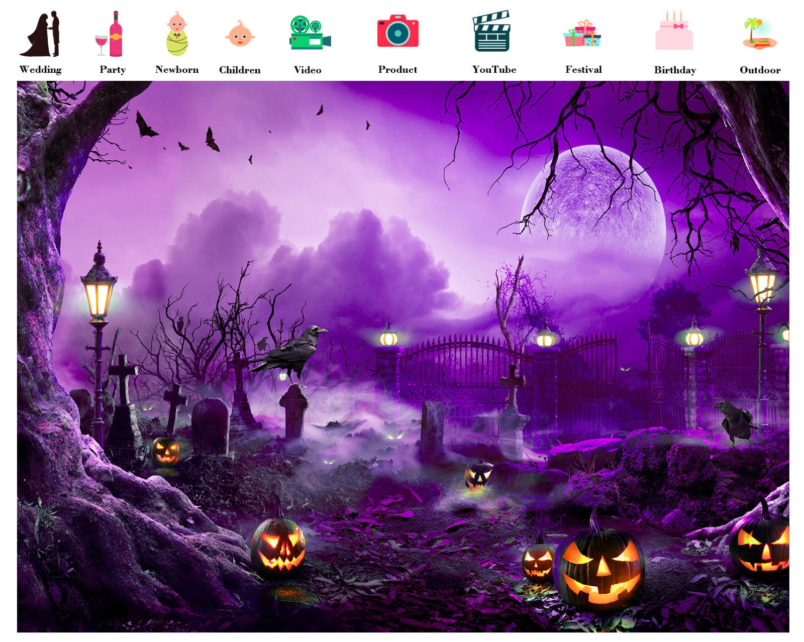 10x8ft Purple Fall Moon Crow Cemetery Halloween Photo Background Studio Props