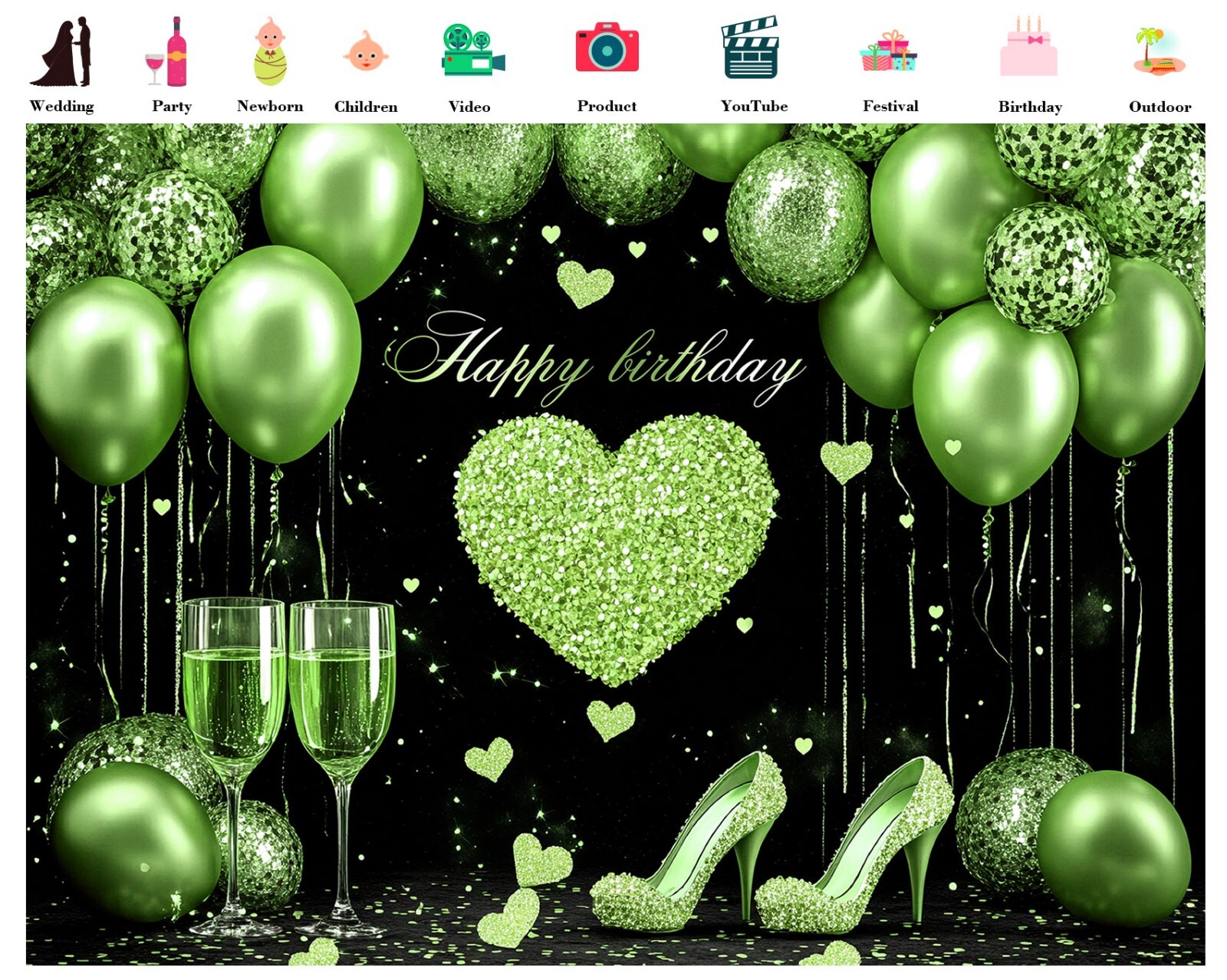10x8ft Sage Green Balloon on Black Happy Birthday Photo Background Studio Props