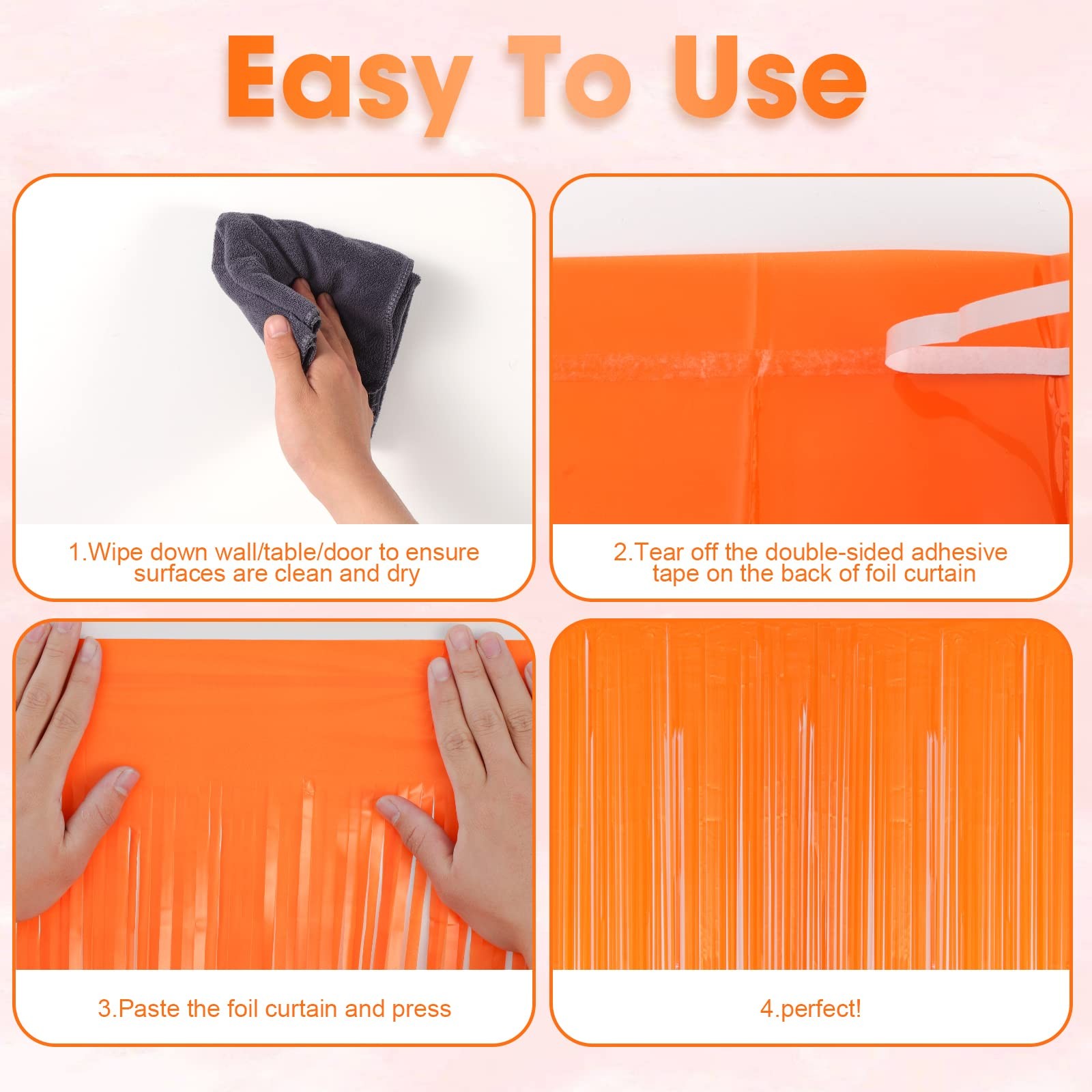 3 PCS Orange Foil Fringe Backdrop Curtains Tinsel Streamers Party 3.3×8.2 FT