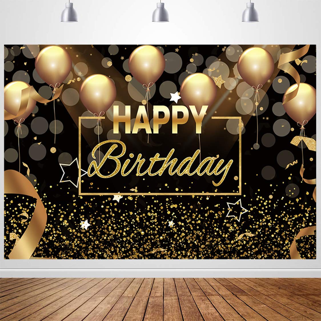 Sensfun Black Gold Happy Birthday Backdrop Sparkle 7x5ft,