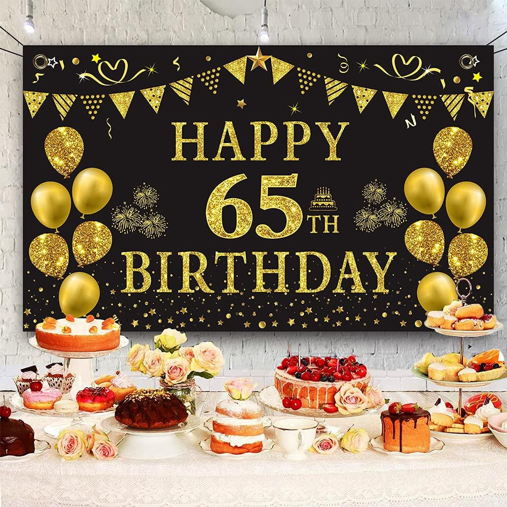 65th Birthday Backdrop Gold and Black 5.9 X 3.6 Fts Happy Birthday Party Deco…