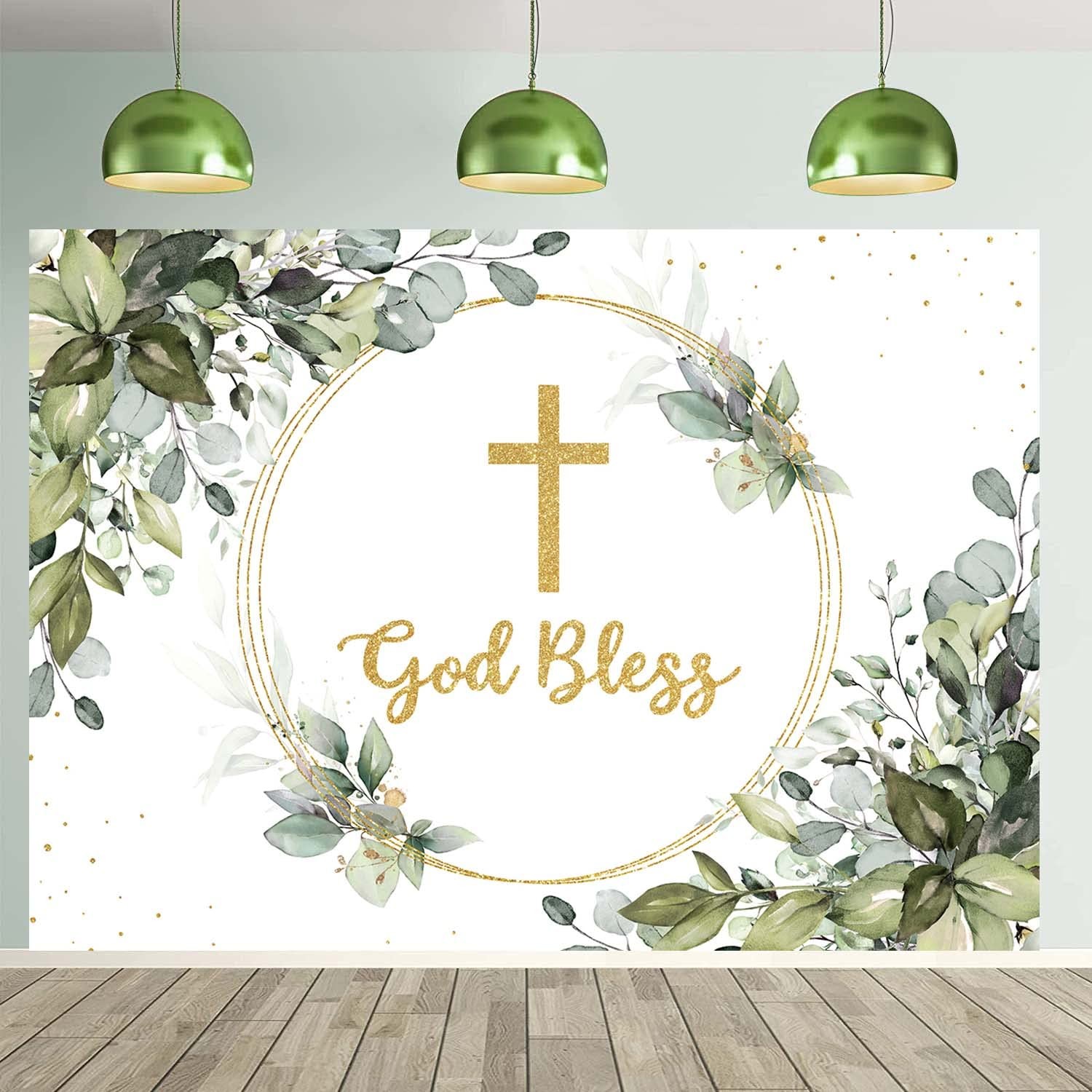 God Bless Backdrop 7×5 FT Eucalyptus Green Leaves Baby Shower Party Decor