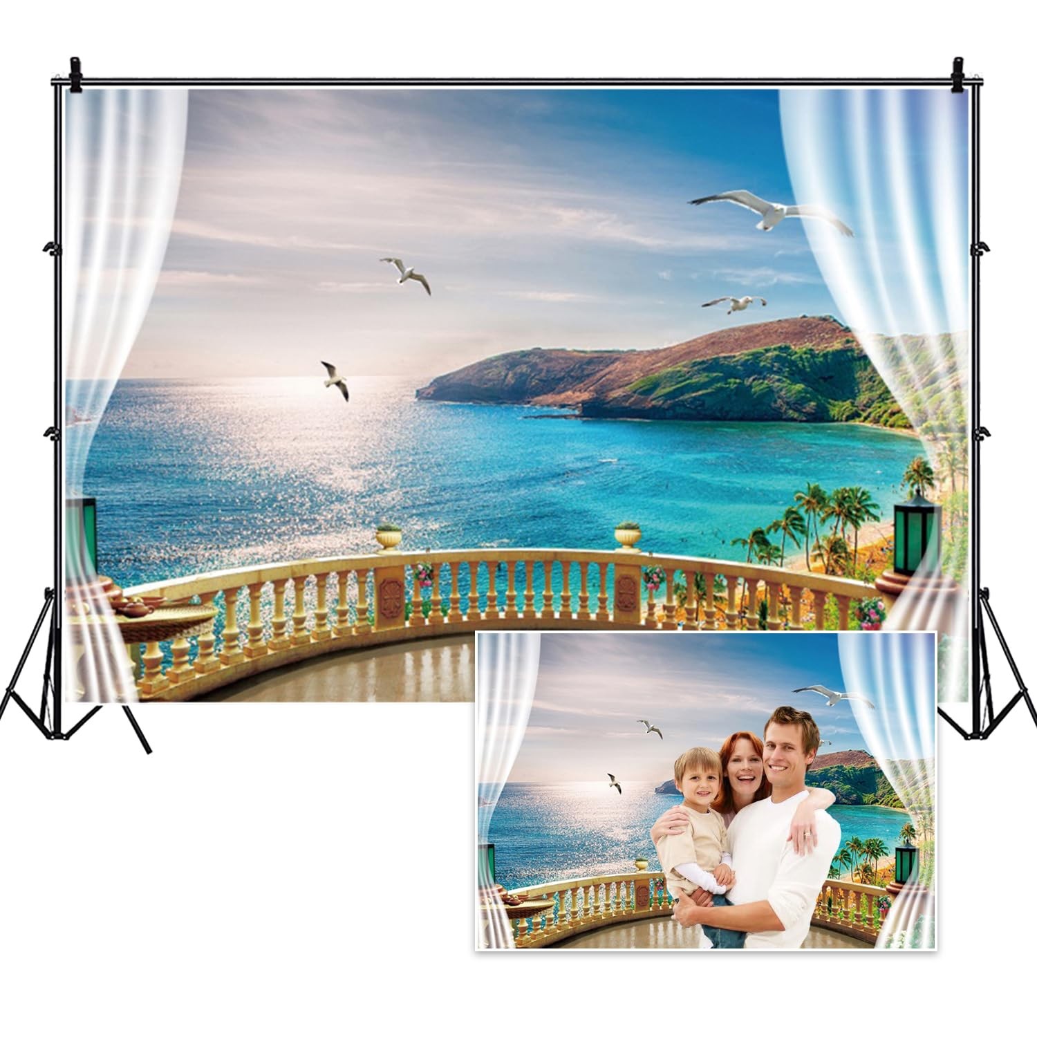 10x8ft Beach Backdrop Sunset Ocean Tropical Palm Tree Holiday Photography