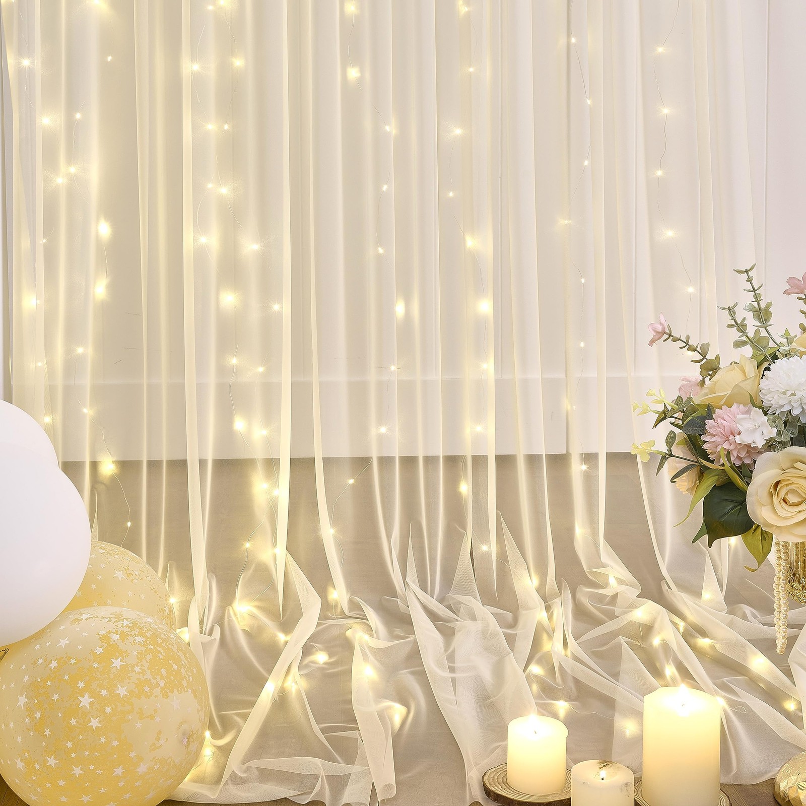 Champagne Tulle Backdrop Curtain with Lights String for Parites Wedding 5x8ft…