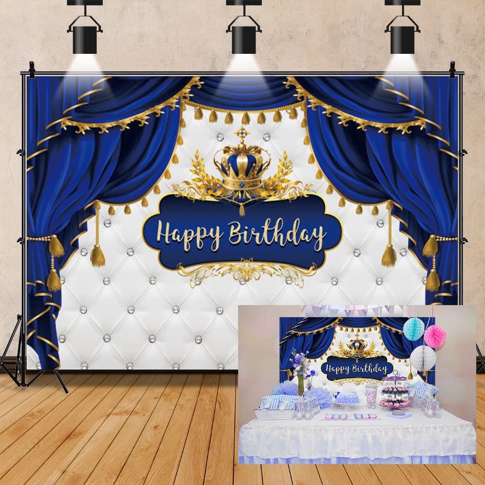 10x8ft Royal Prince Birthday Backdrop Royal Blue and Gold Little Prince Crown…