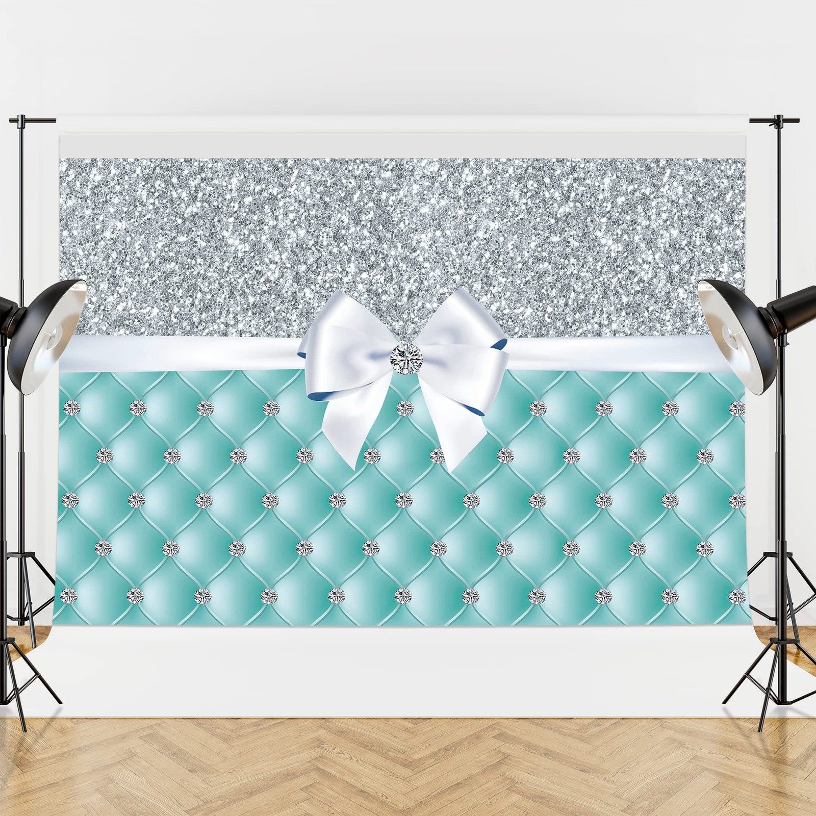 Breakfast Silver Blue Diamonds Bowknot Backdrop 7×5 Feet Teal Bridal Shower W…