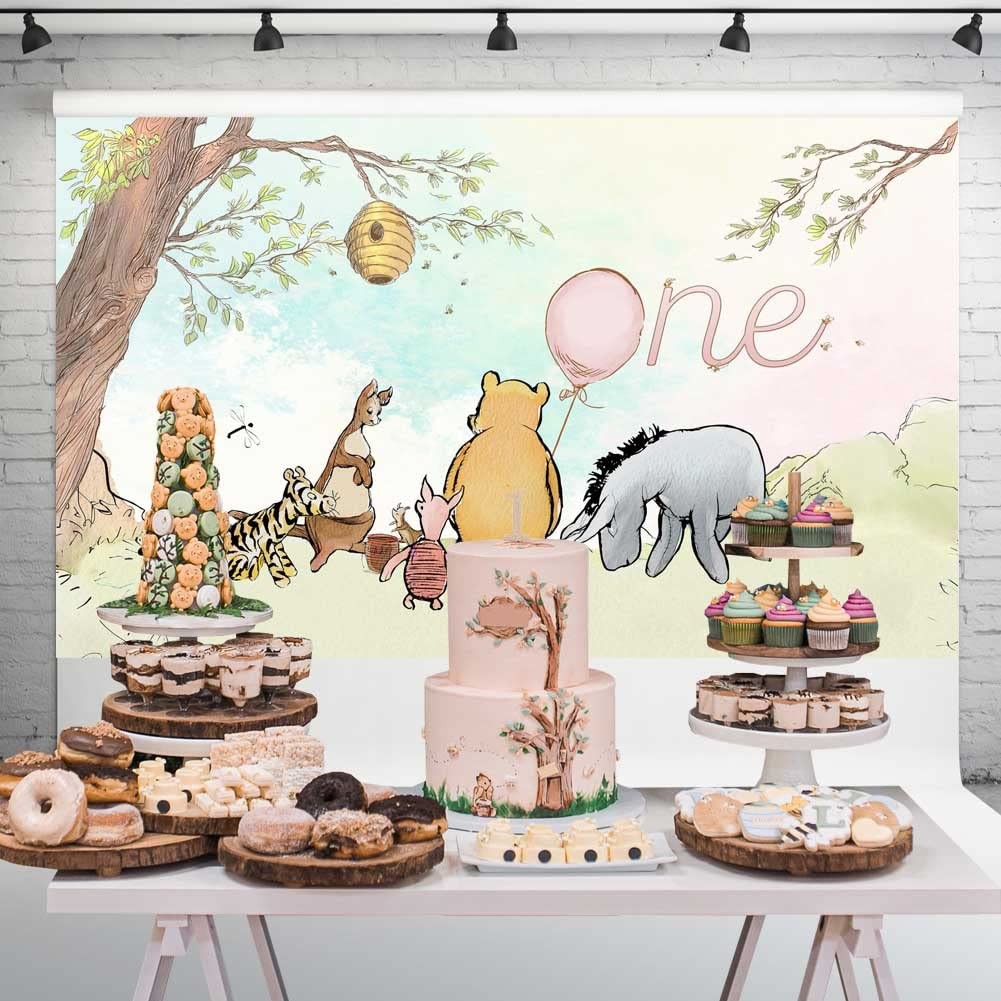 Vintage Pooh Bear Backdrop 1st Birthday Girl Watercolor Tree 5×3 ft, Pink