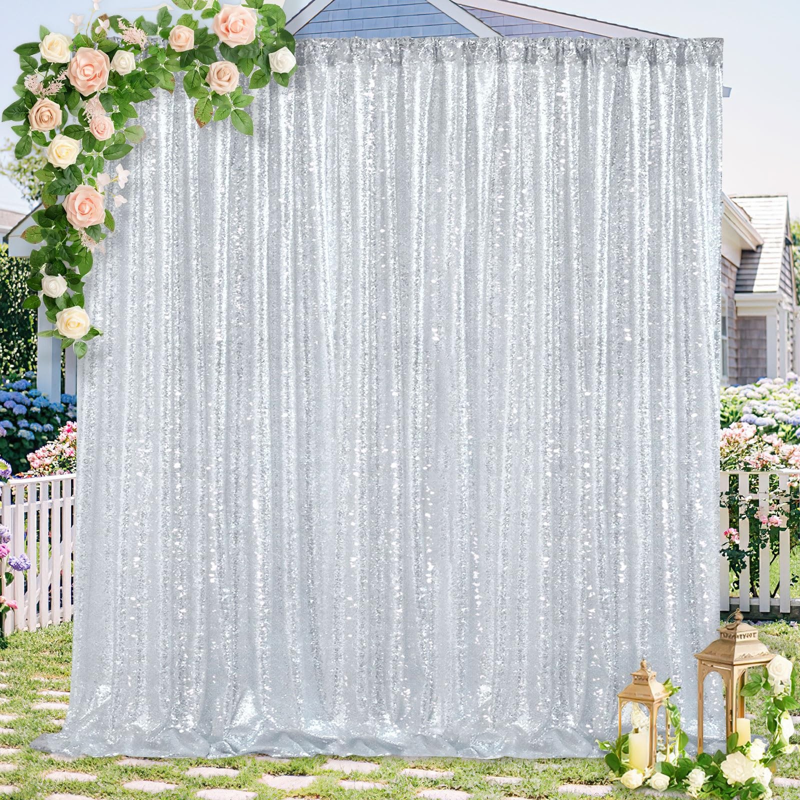 Silver Sequin Backdrop 7ft x 7ft Glitter Photo Booth Backdrop Curtains for We…