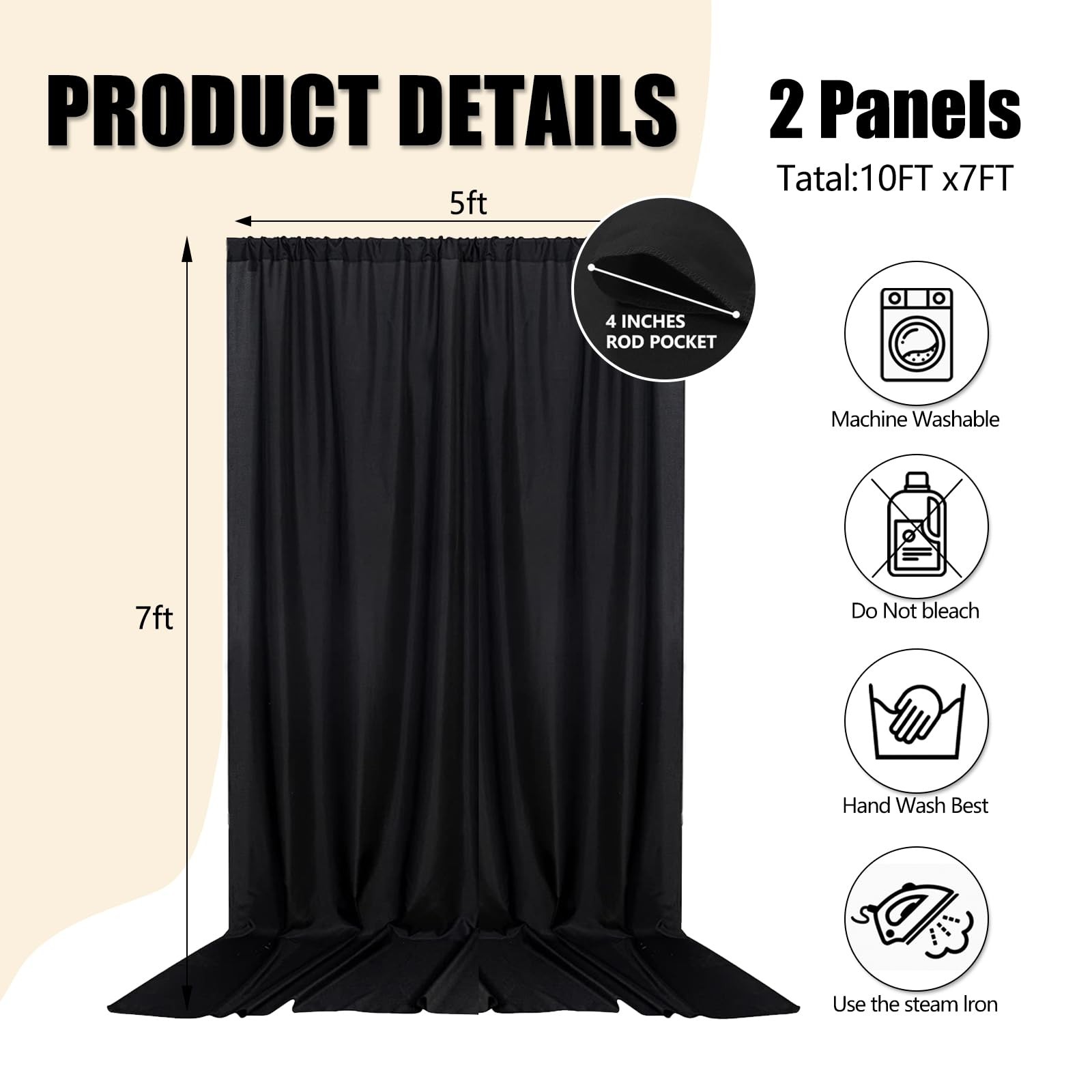 2 PCS Black 10×7 Ft Fabric Satin Backdrop Curtain Rod Pocket Photography