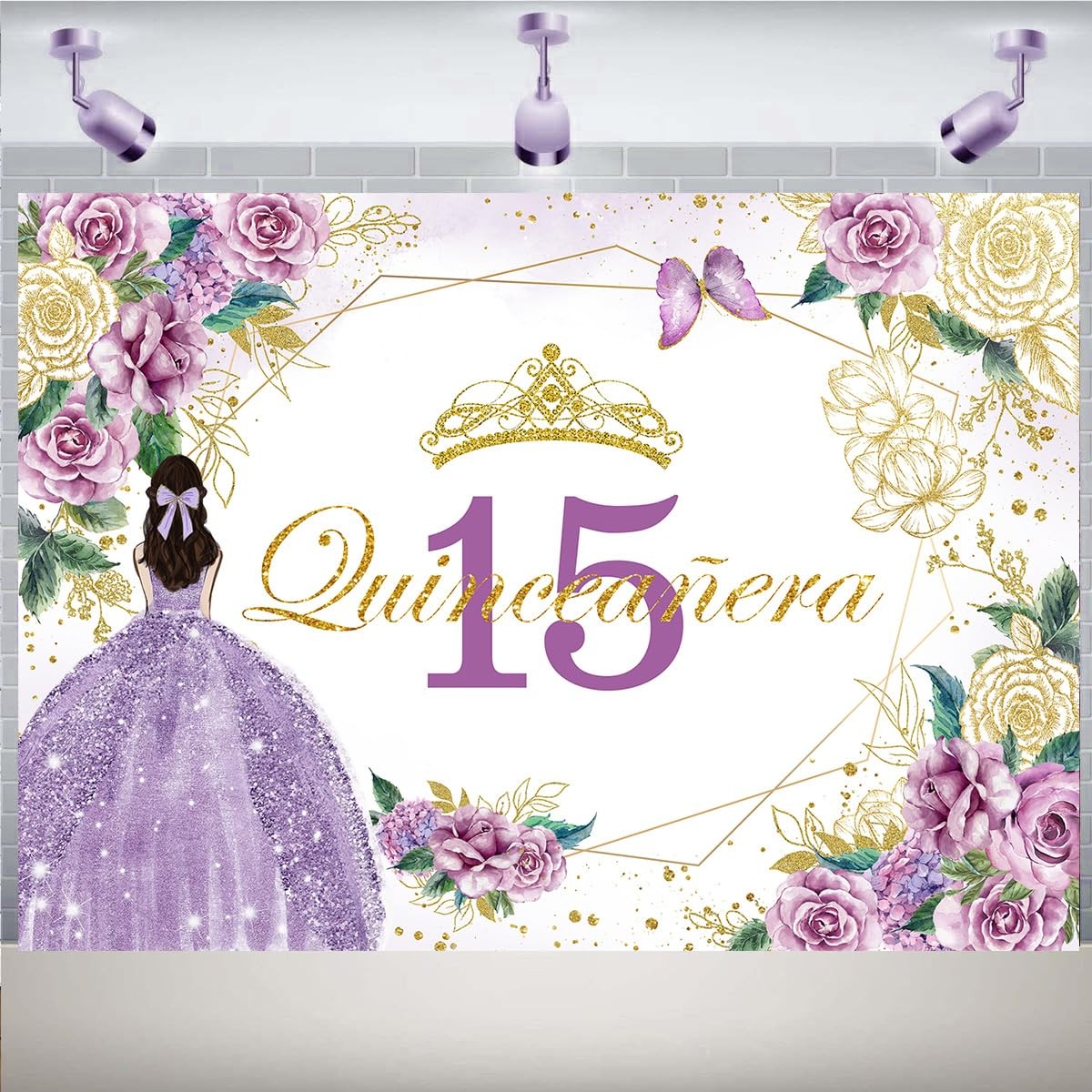 Withu Quinceañera 15 Birthday Backdrop Shiny Gold Purple Floral 7x5ft,