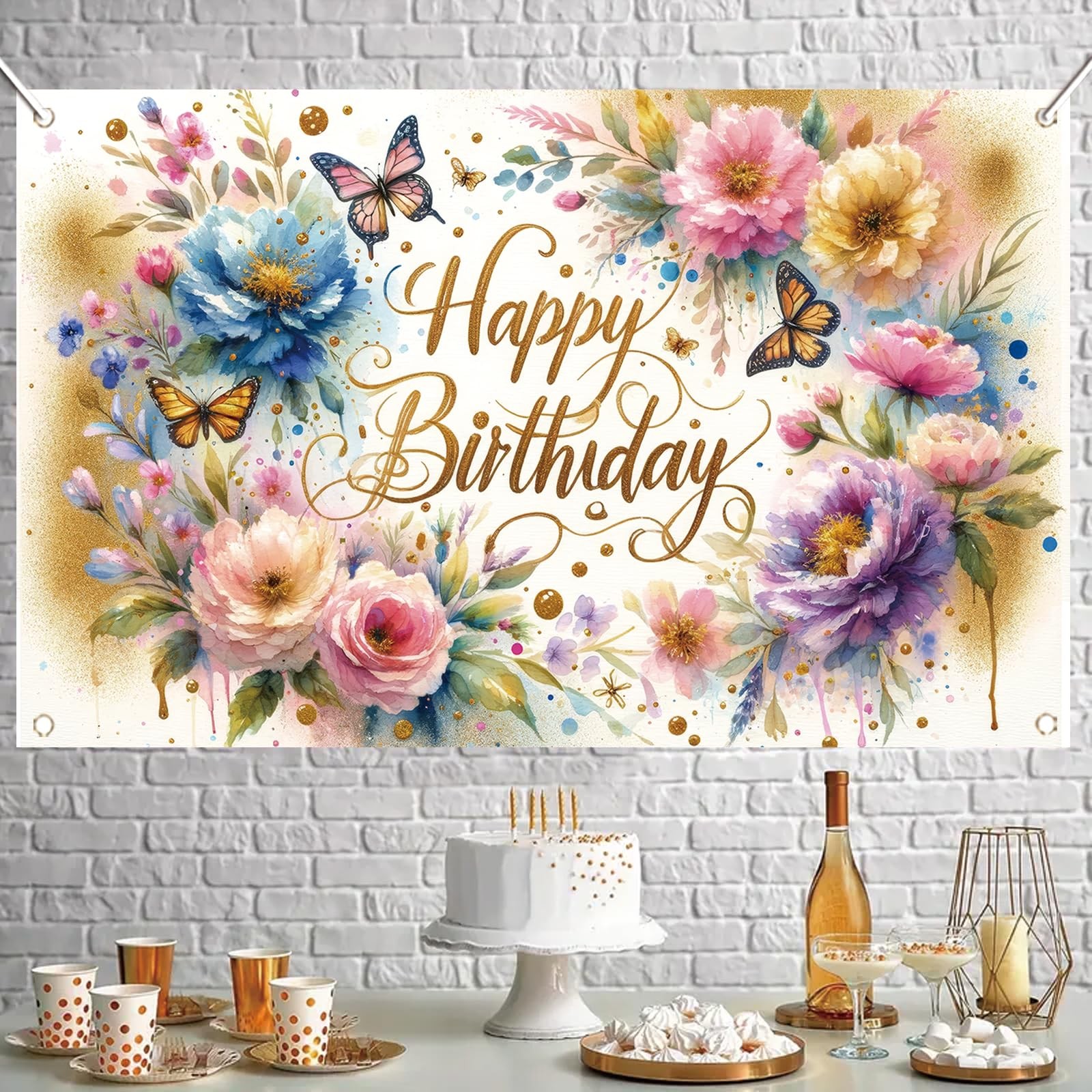 Floral Birthday Backdrop for Girls 71 inches x 43 inches, Butterfly