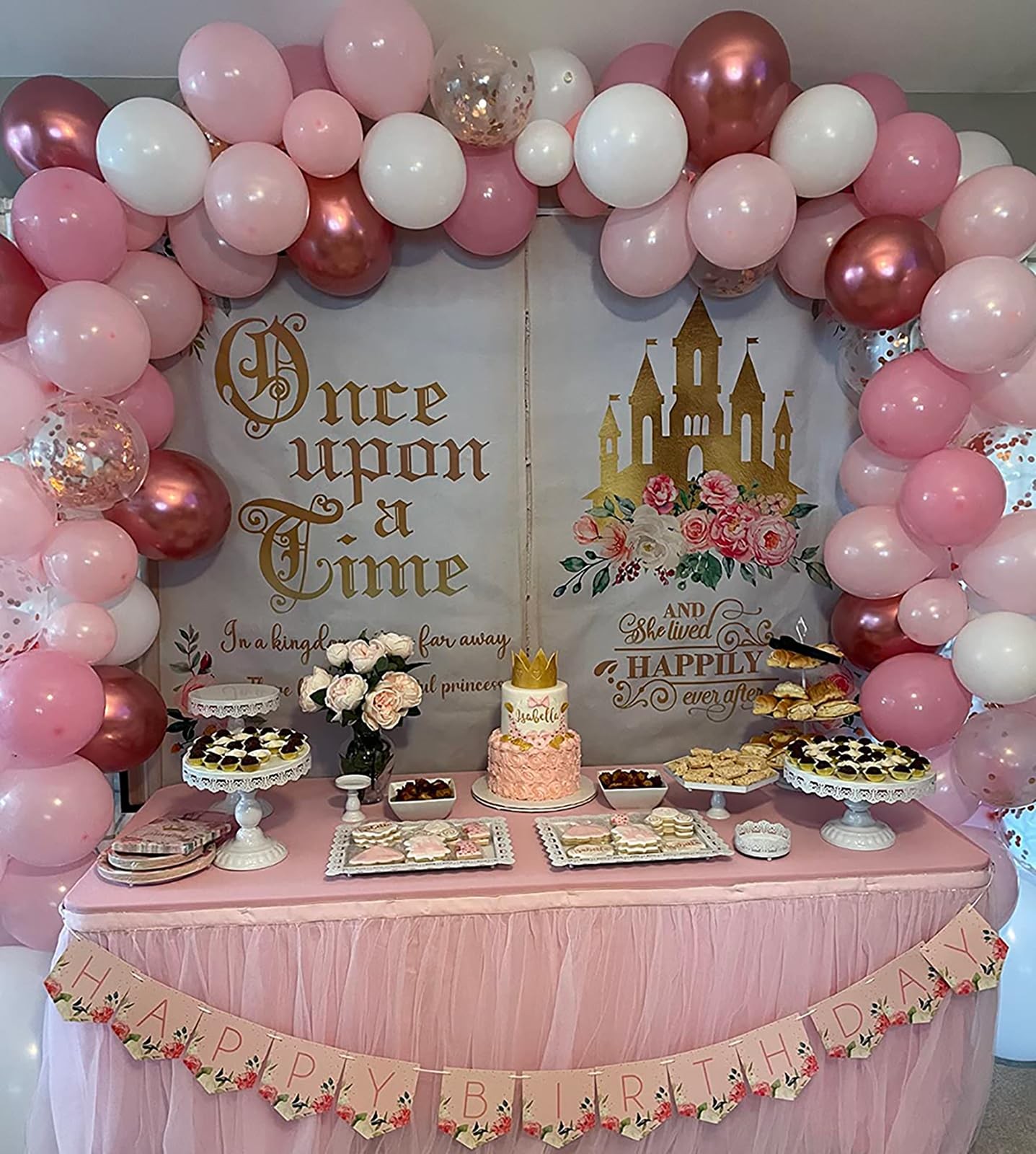 Aumeko Once Upon a Time Backdrop Pink Floral Gold Castle Princess 7x5ft,