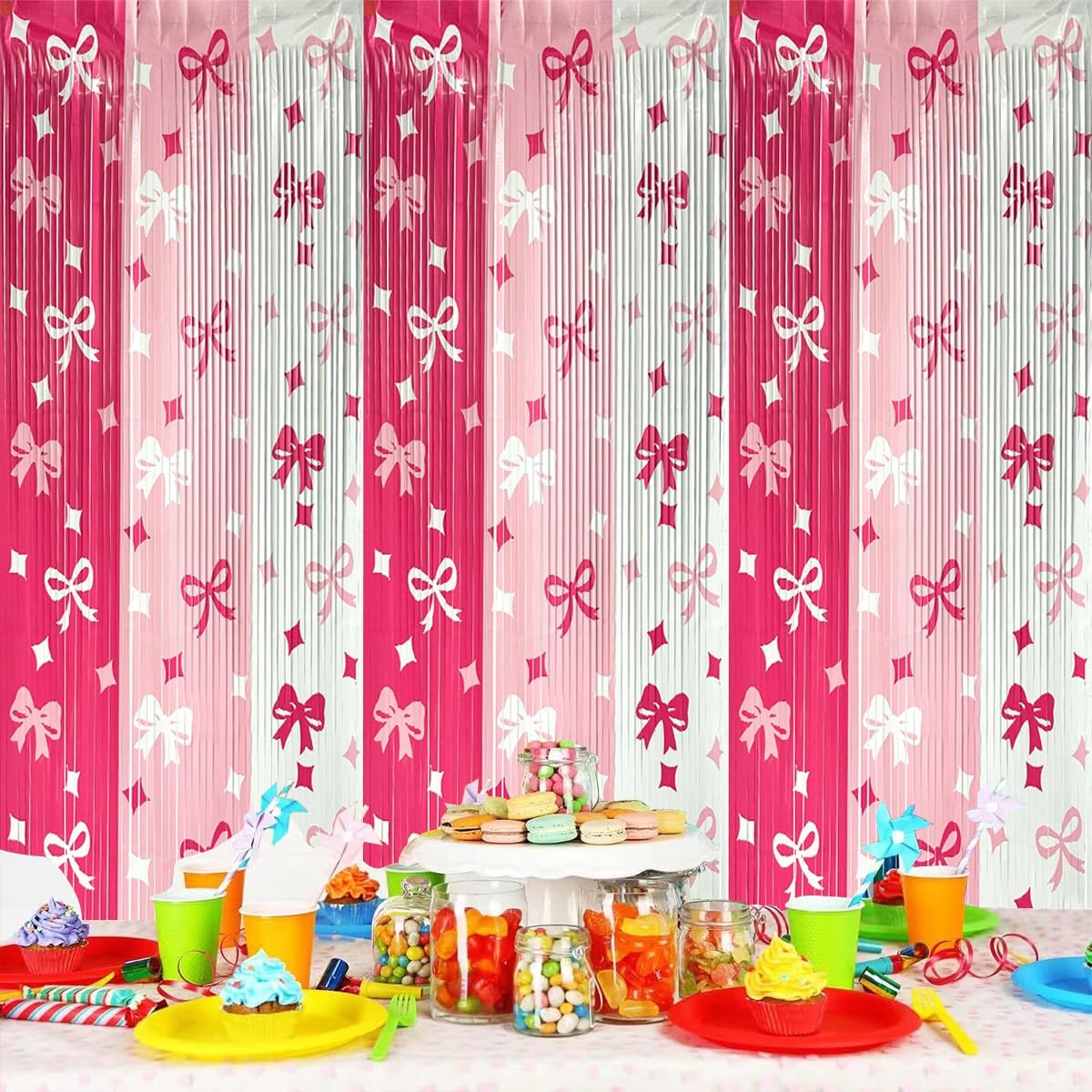 3 PCS Pink Bow Tinsel Foil Fringe Curtains Party Backdrop Birthday Decor