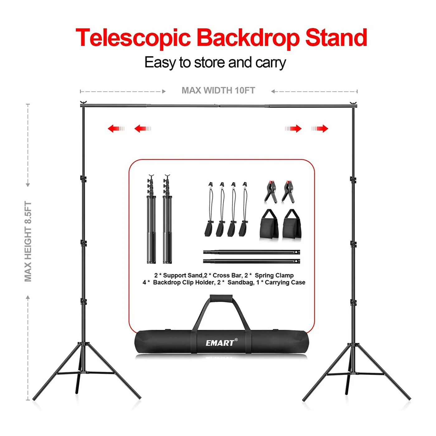 EMART EM-BS2630N 8.5x 10Ft Adjustable Background Stand for Photography Backdrops