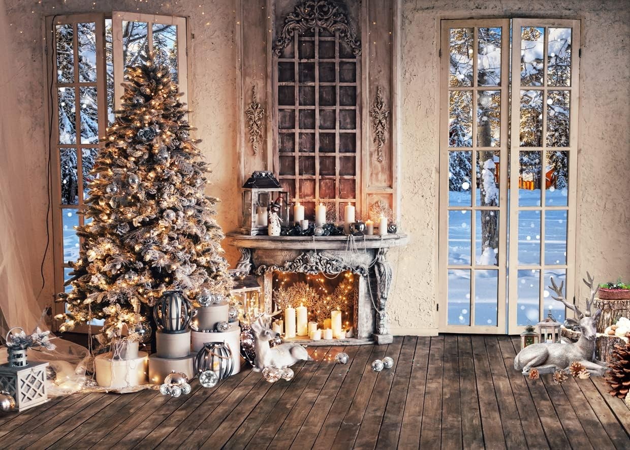 8x6FT Christmas Photography Backdrop Fireplace Tree Winter Photo Background Xmas
