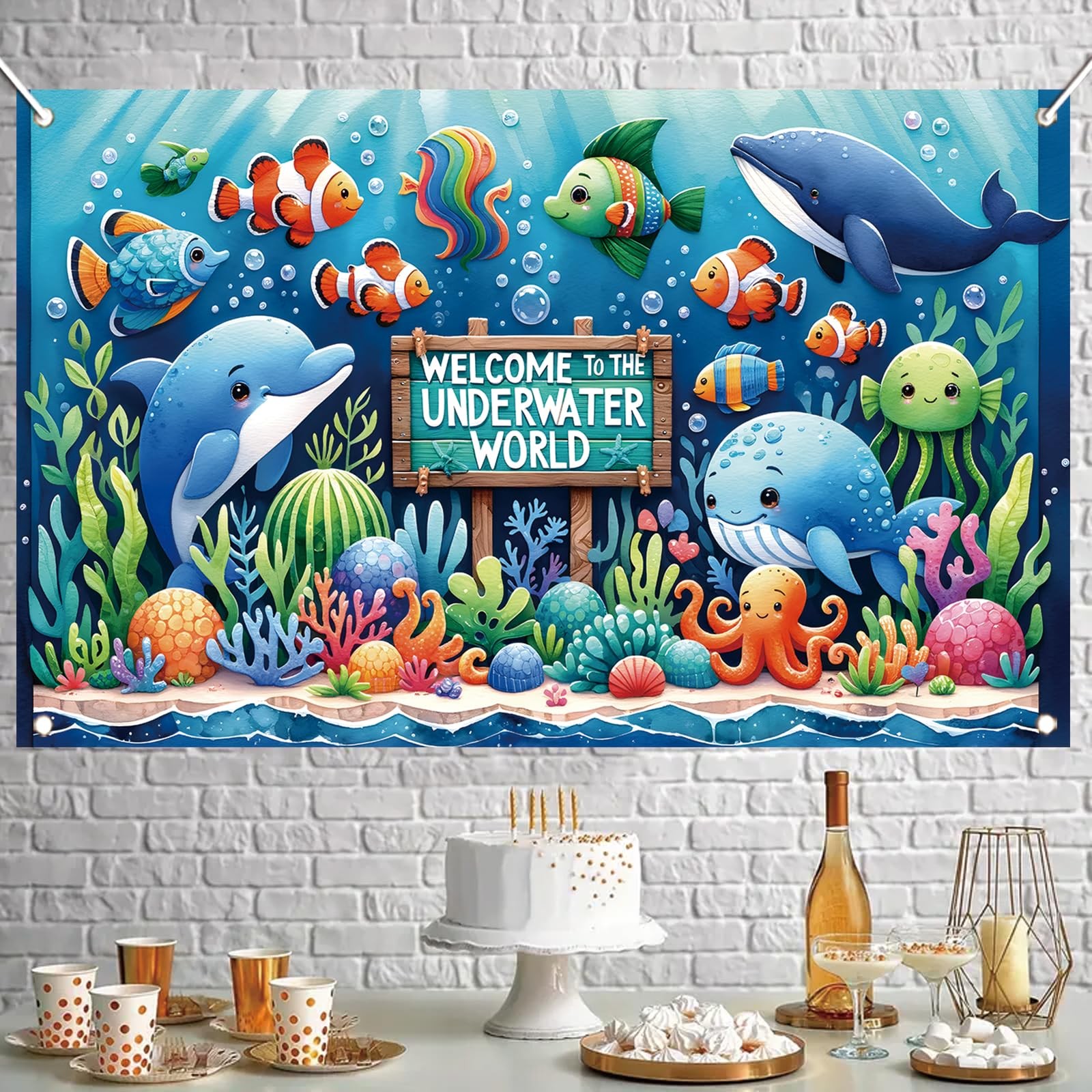 Underwater World Backdrop Banner Ocean Party Decoration Cute Sea Animal Banne…