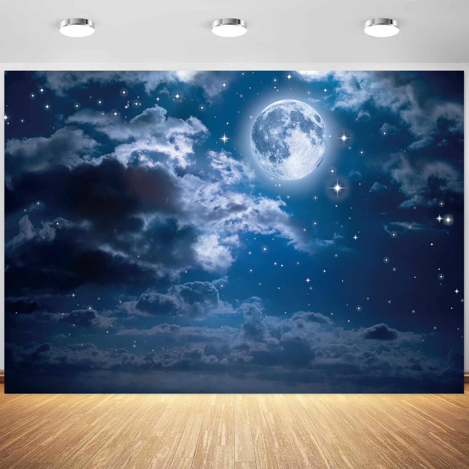 7x5ft Moon Backdrop Night Bright Full Starry Sky Photography 7x5ft, Blue