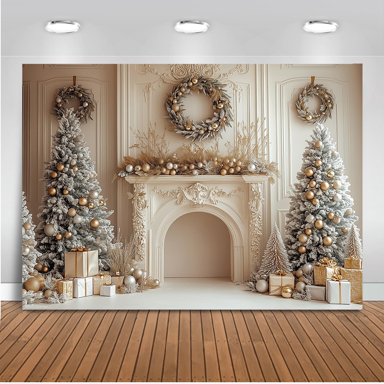 White Gold Christmas Tree Fireplace Holiday Photography Backdrop 7x5ft Mat
