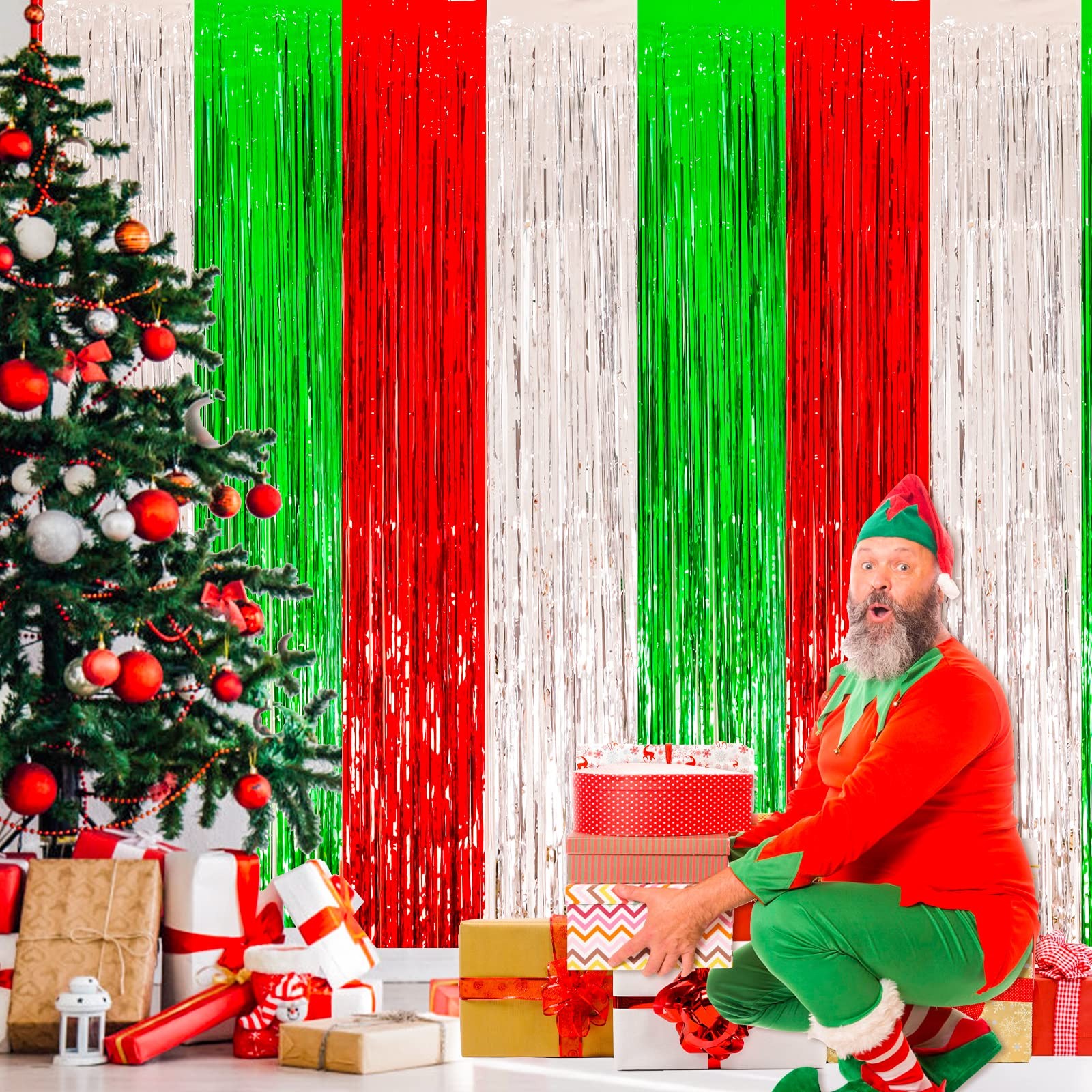 2 PCS Christmas Foil Fringe Curtains Tinsel Photo Backdrop 3.2×8.2 Ft Holiday