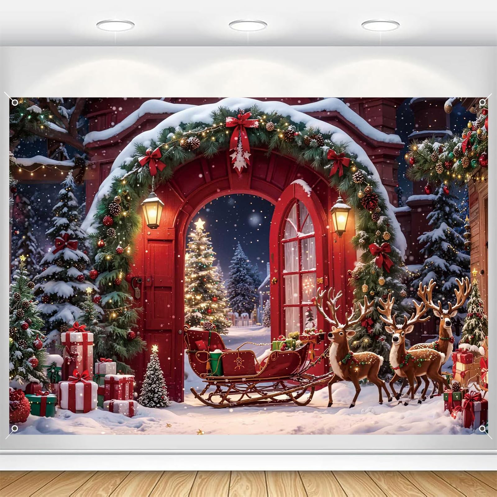 Christmas Backdrop 10x8ft Winter Forest North Pole Xmas Tree Reindeer Snowfla…